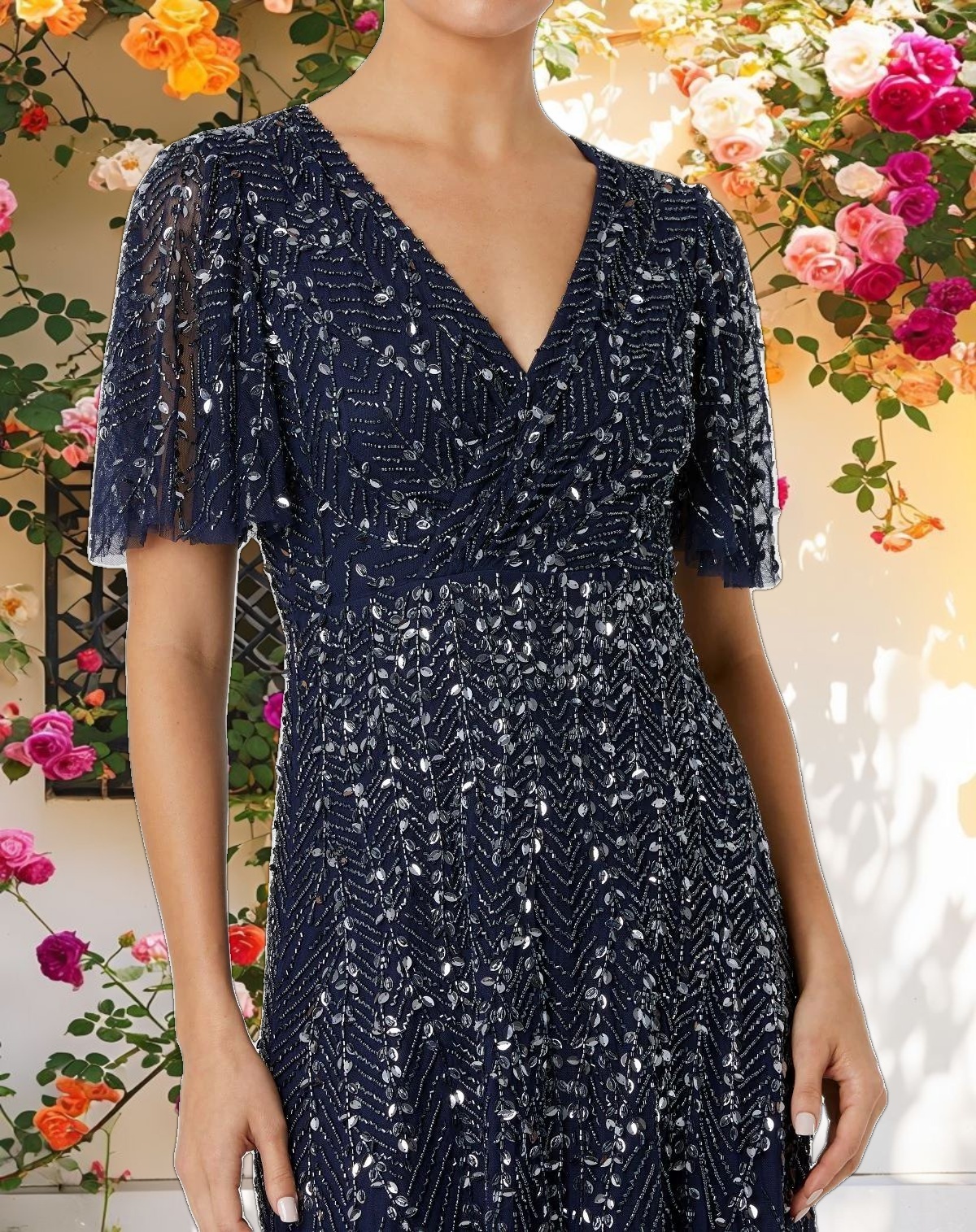 Navy Beaded Wrap Over Butterfly Sleeve Column Dress