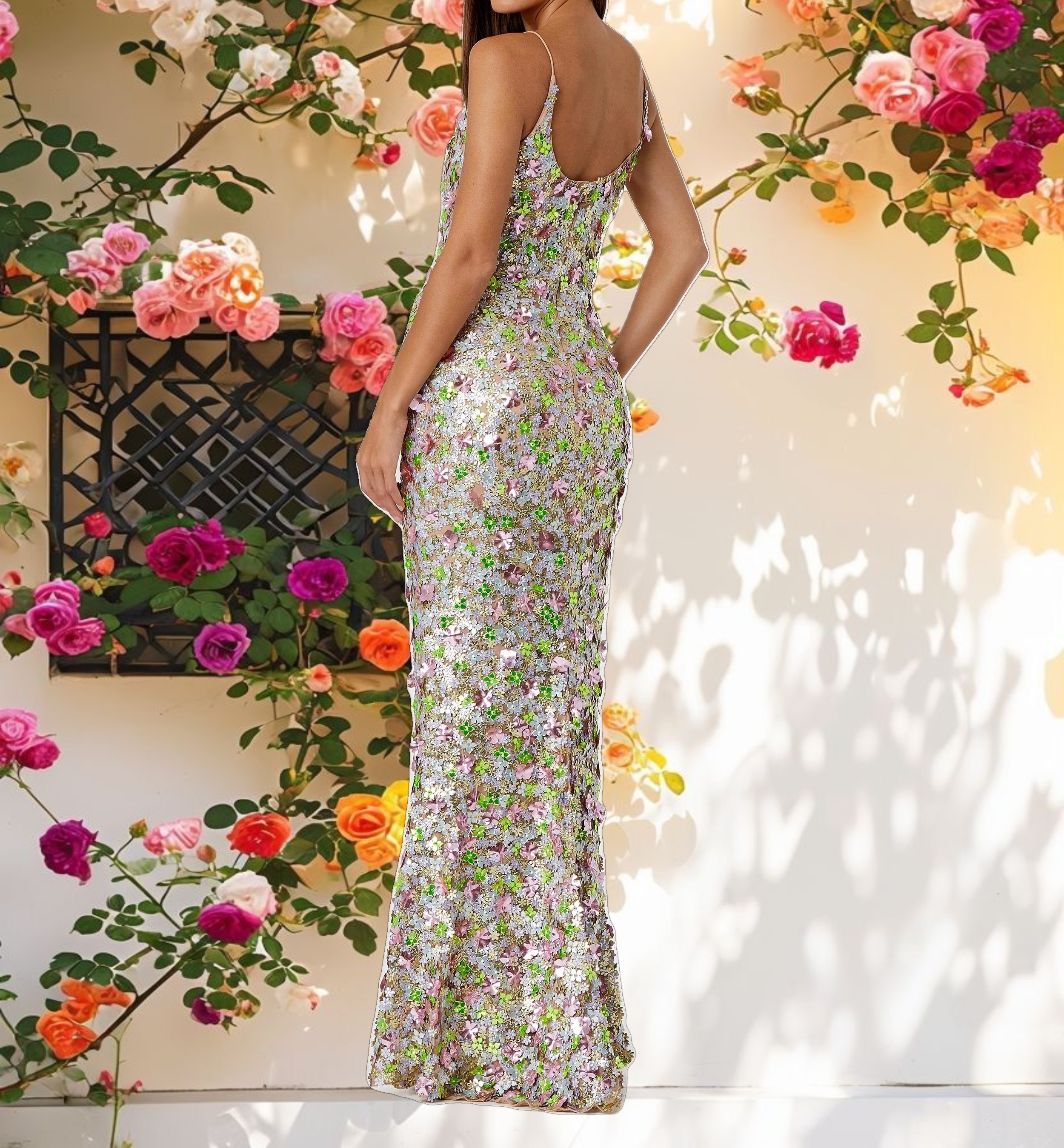 Sleeveless Floral Paillette Embelleshed Mesh Gown