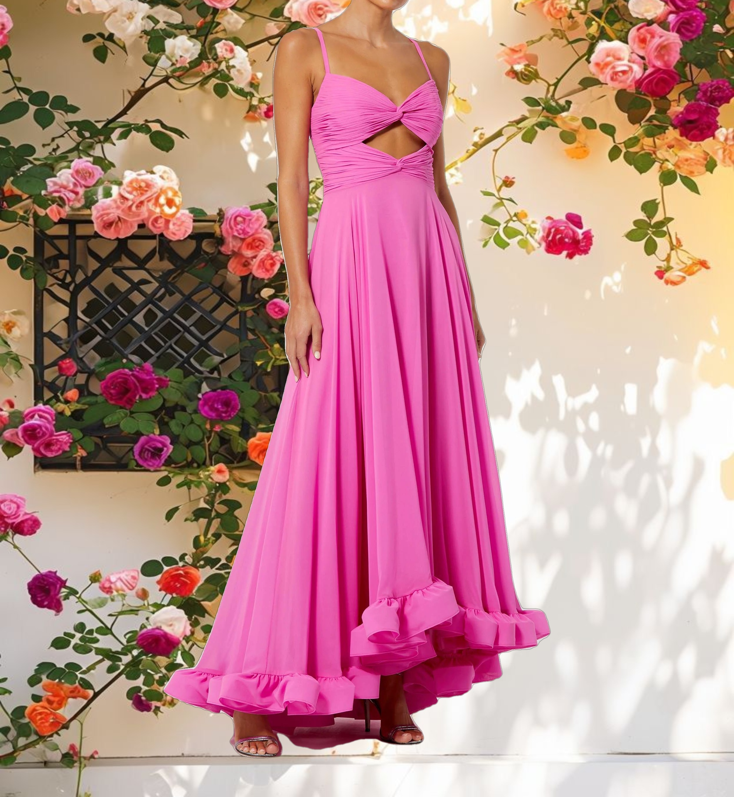 Pink Spaghetti Strap Chiffon Sweetheart Gown