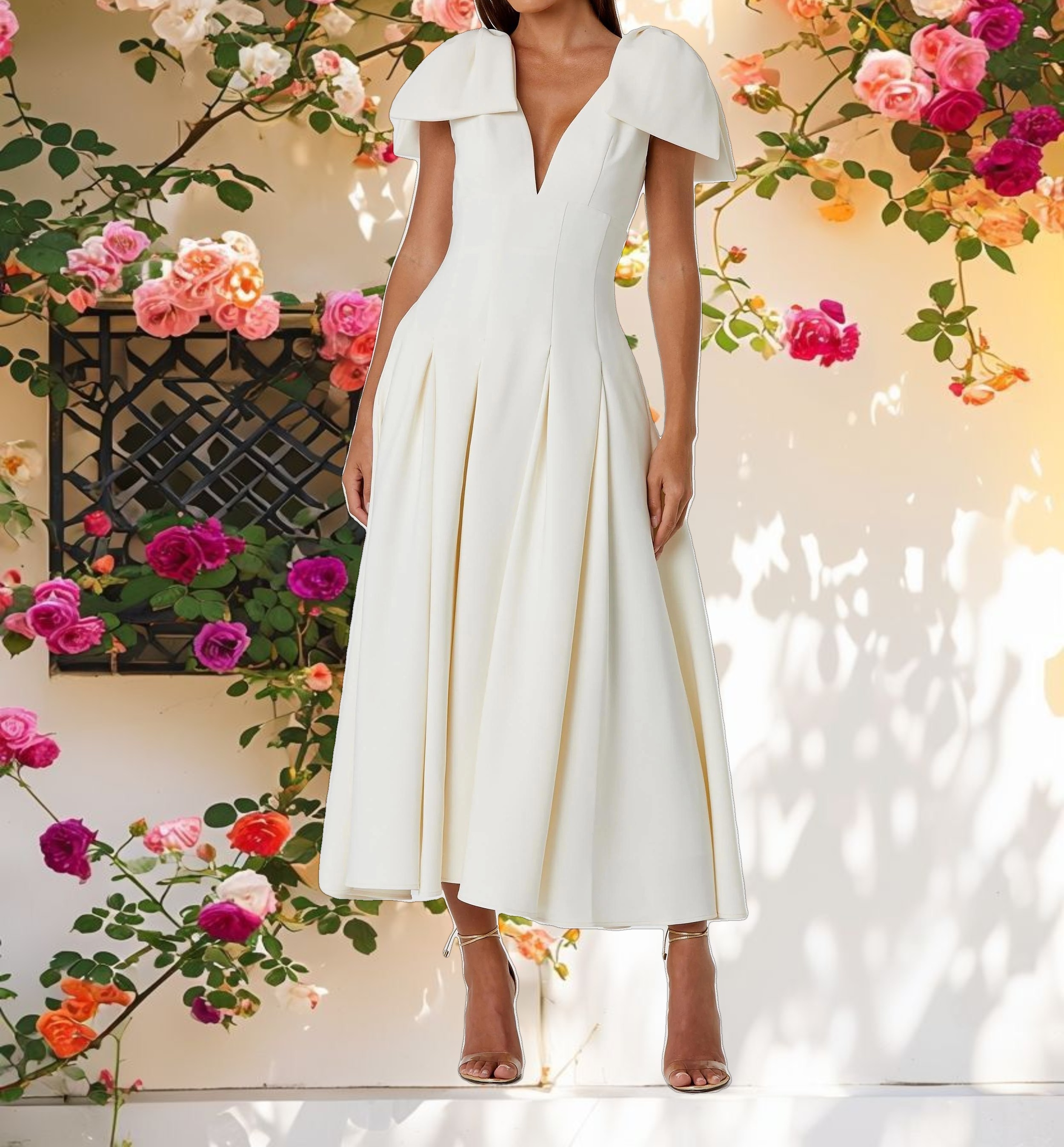 Crepe A Line Midi Dress With Bow Straps