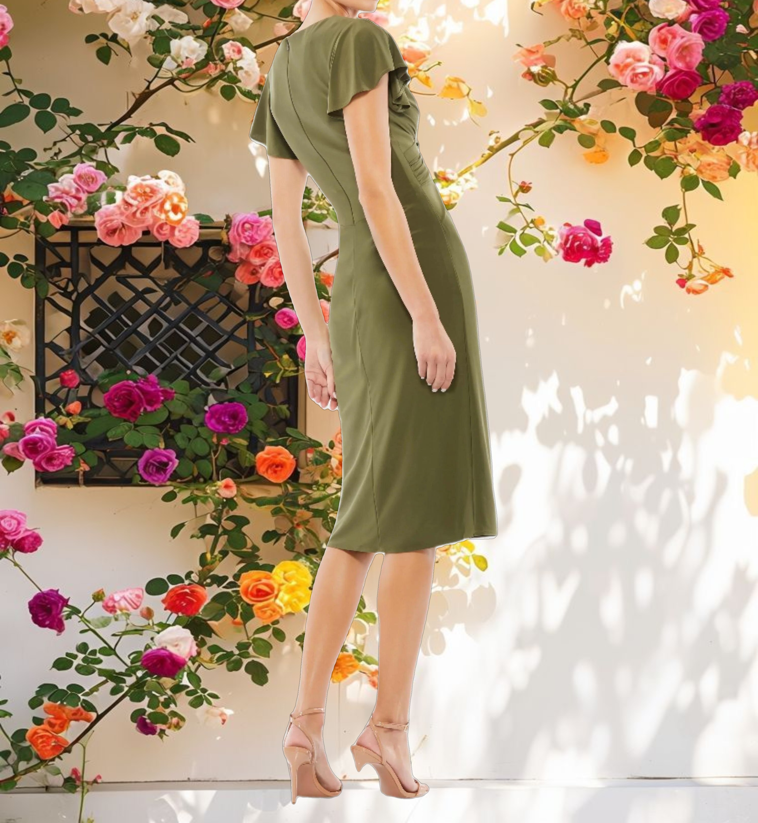 Dark Green Flounce Sleeve Midi Dress