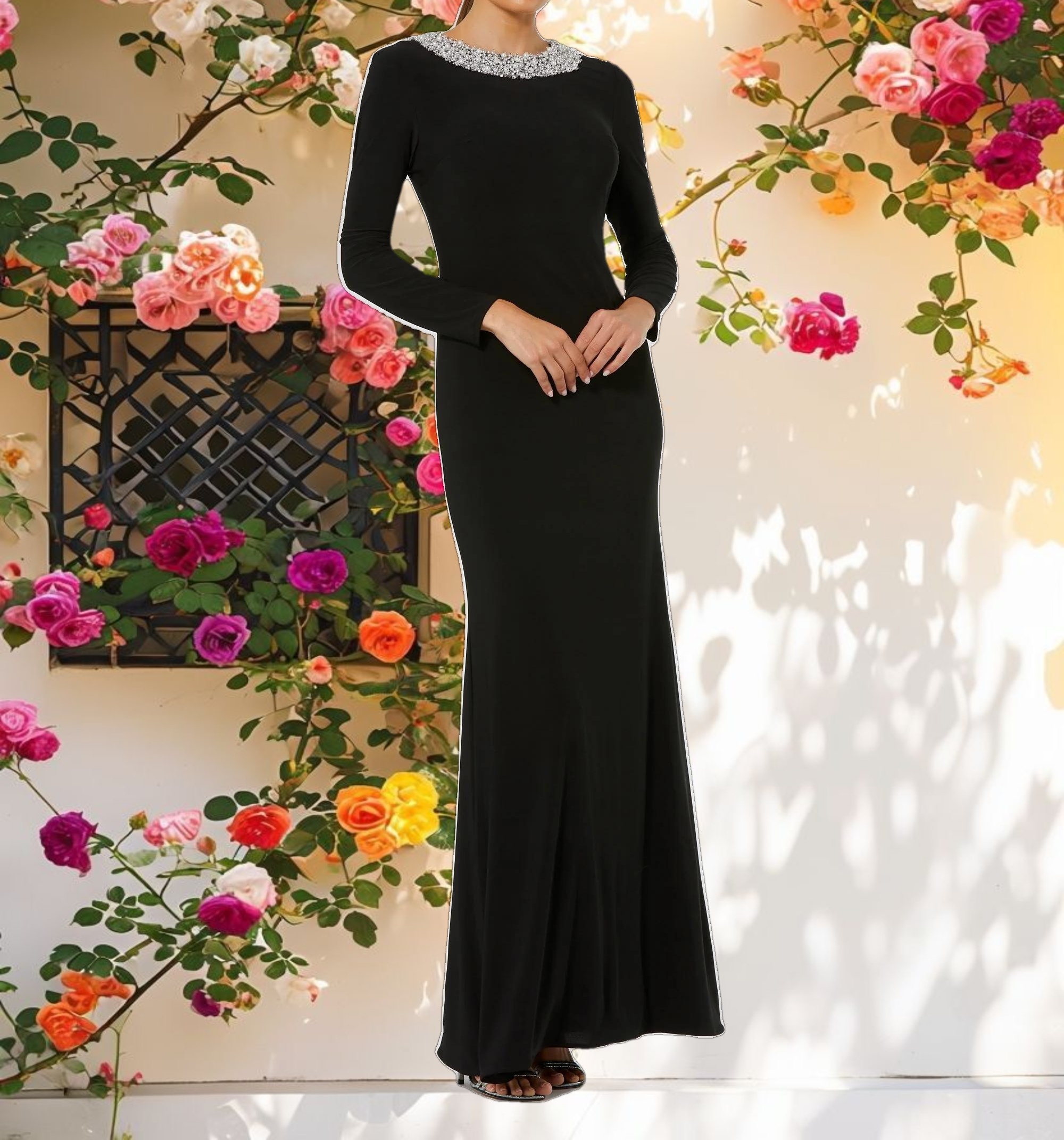 Black Jersey Long Sleeve Fitted Gown With Beaded Neck