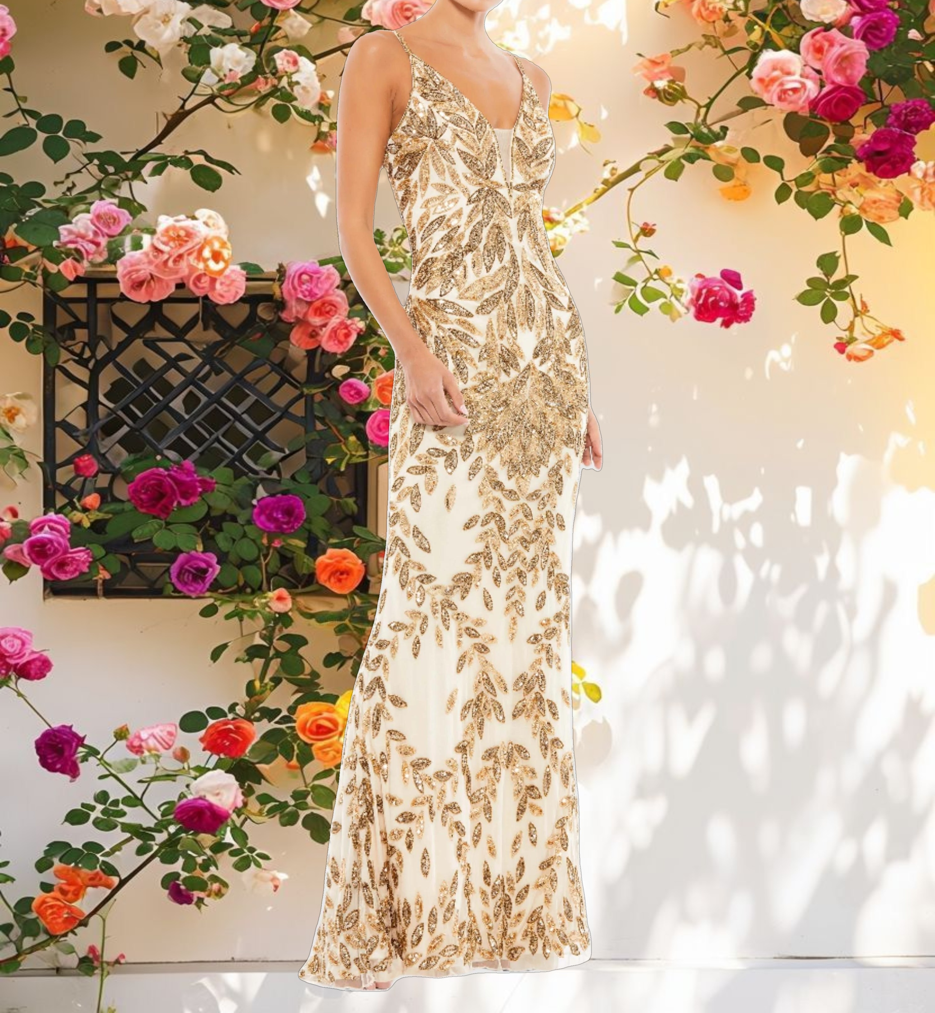 Gold Hand Beaded Leaf Embellished EvenPlunge Neck Evening Gown