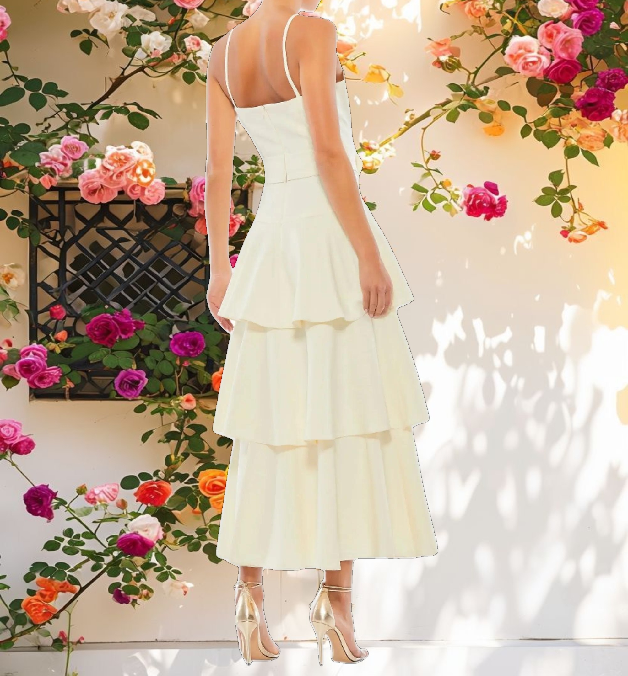 White Belted Tiered Ruffle Sleeveless Midi Dress