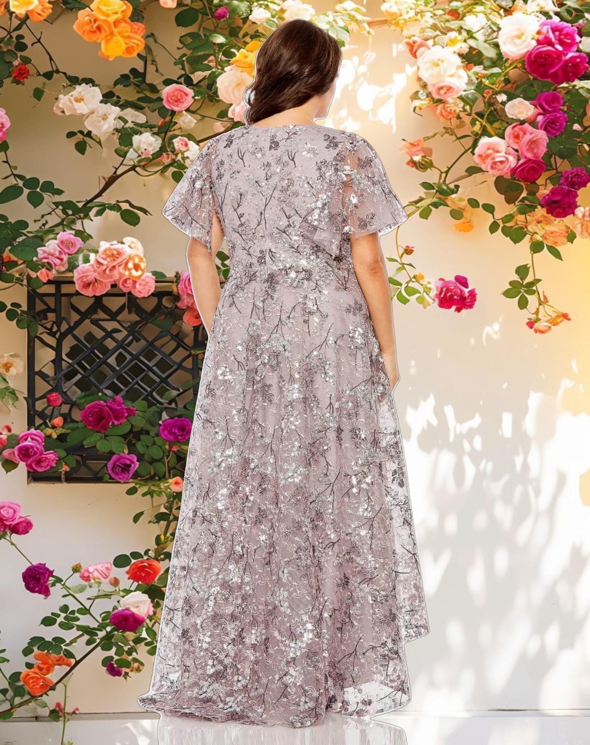 V Neck Flutter Sleeve A Line Embellished Dress