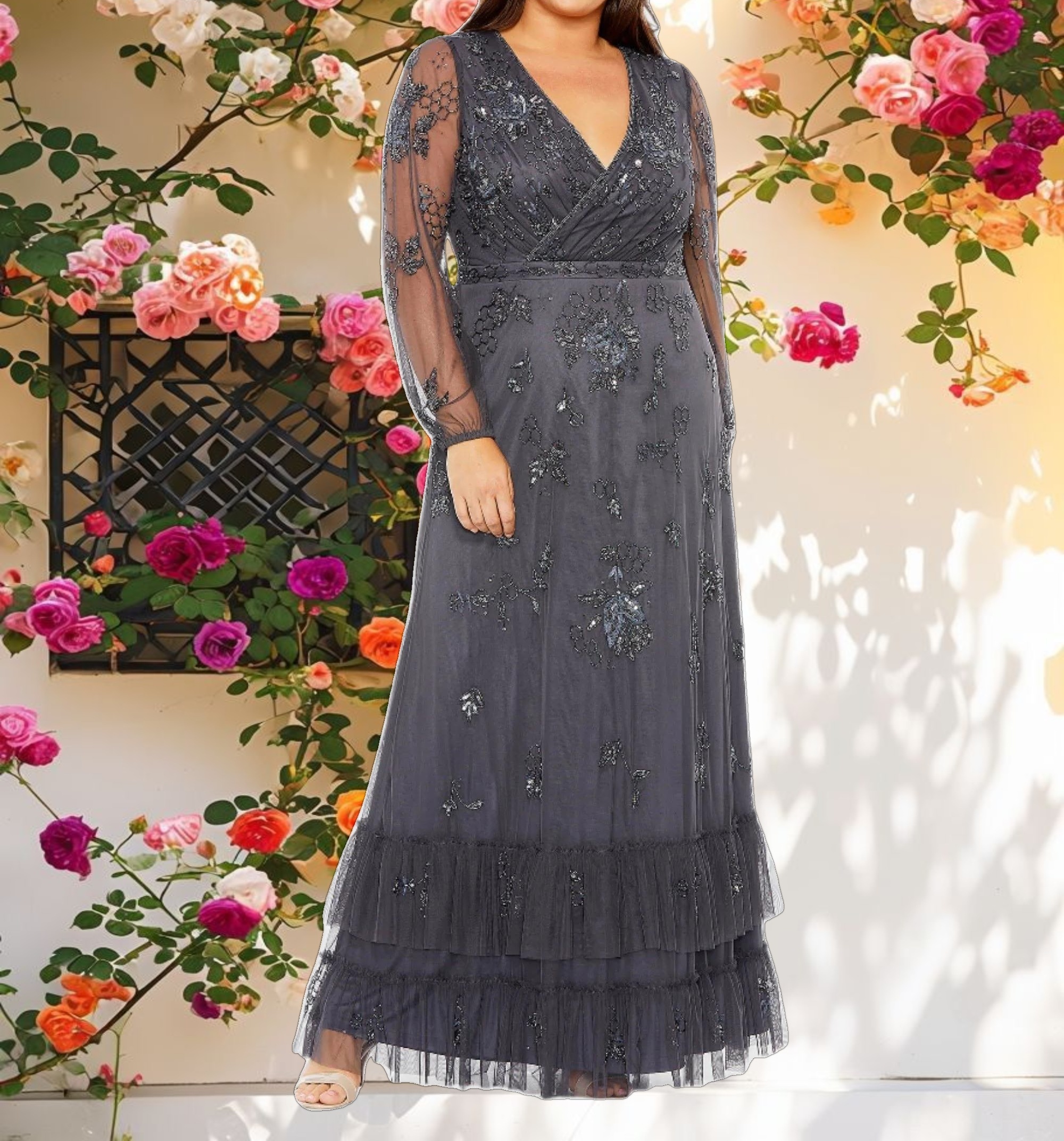 Gray Puff Sleeve V Neck Tiered Embellished Gown