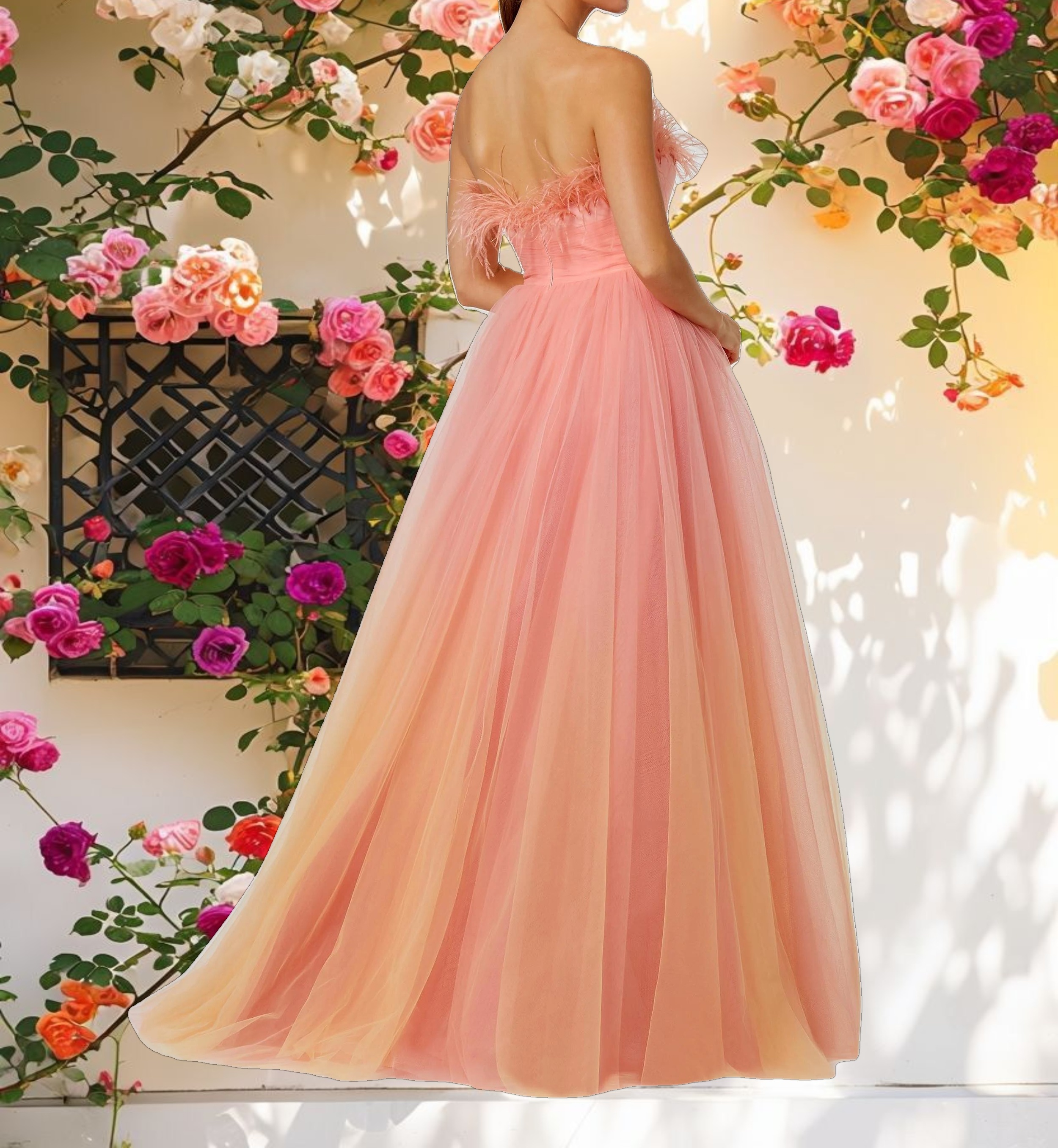 Orange and Pink Ombre Strapless Feather Bodice Tulle Gown