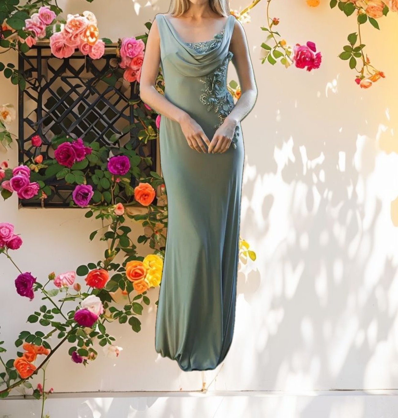 Beaded Cowl Neck Gown