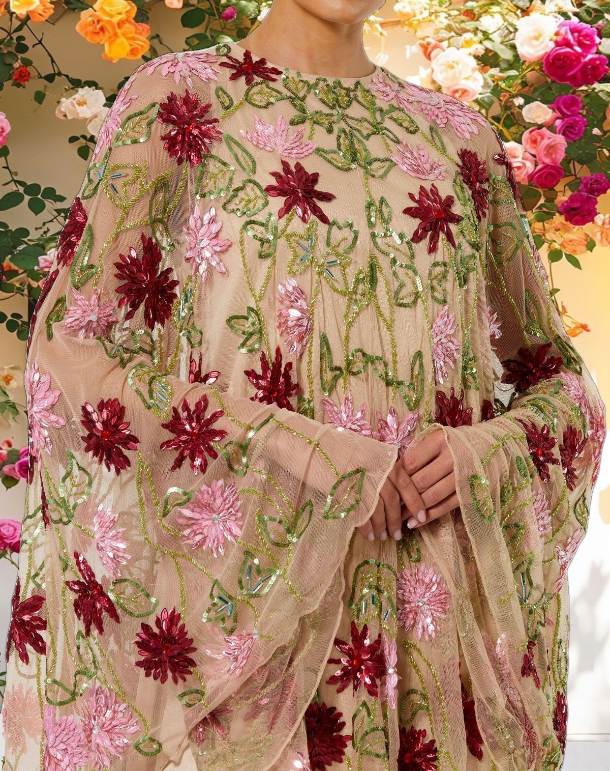 Beige Floral Beaded Mesh Shawl Mini Dress