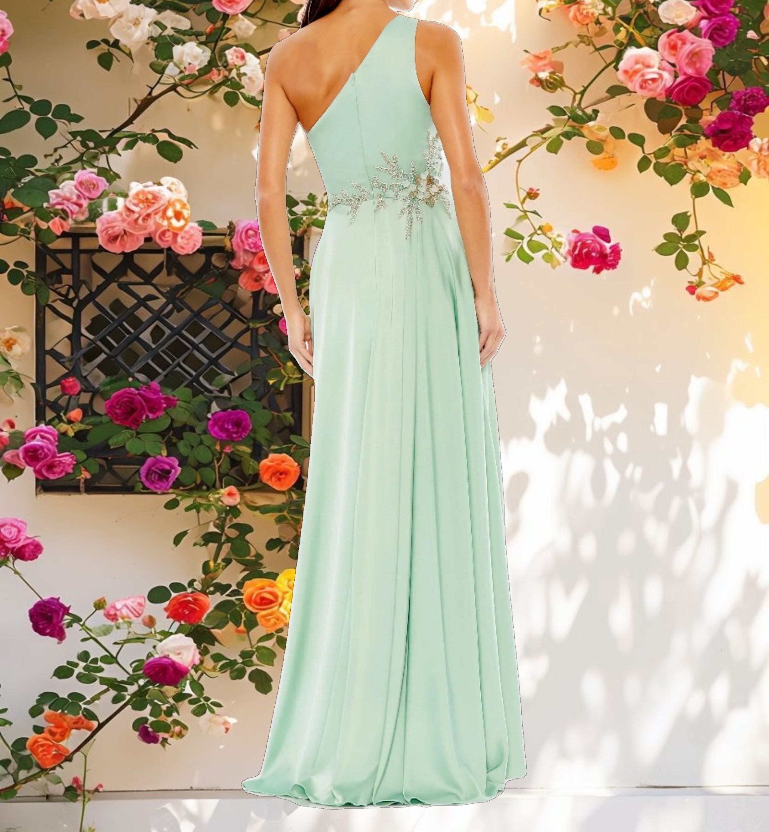 Green Embellished Asymmetrical Gown