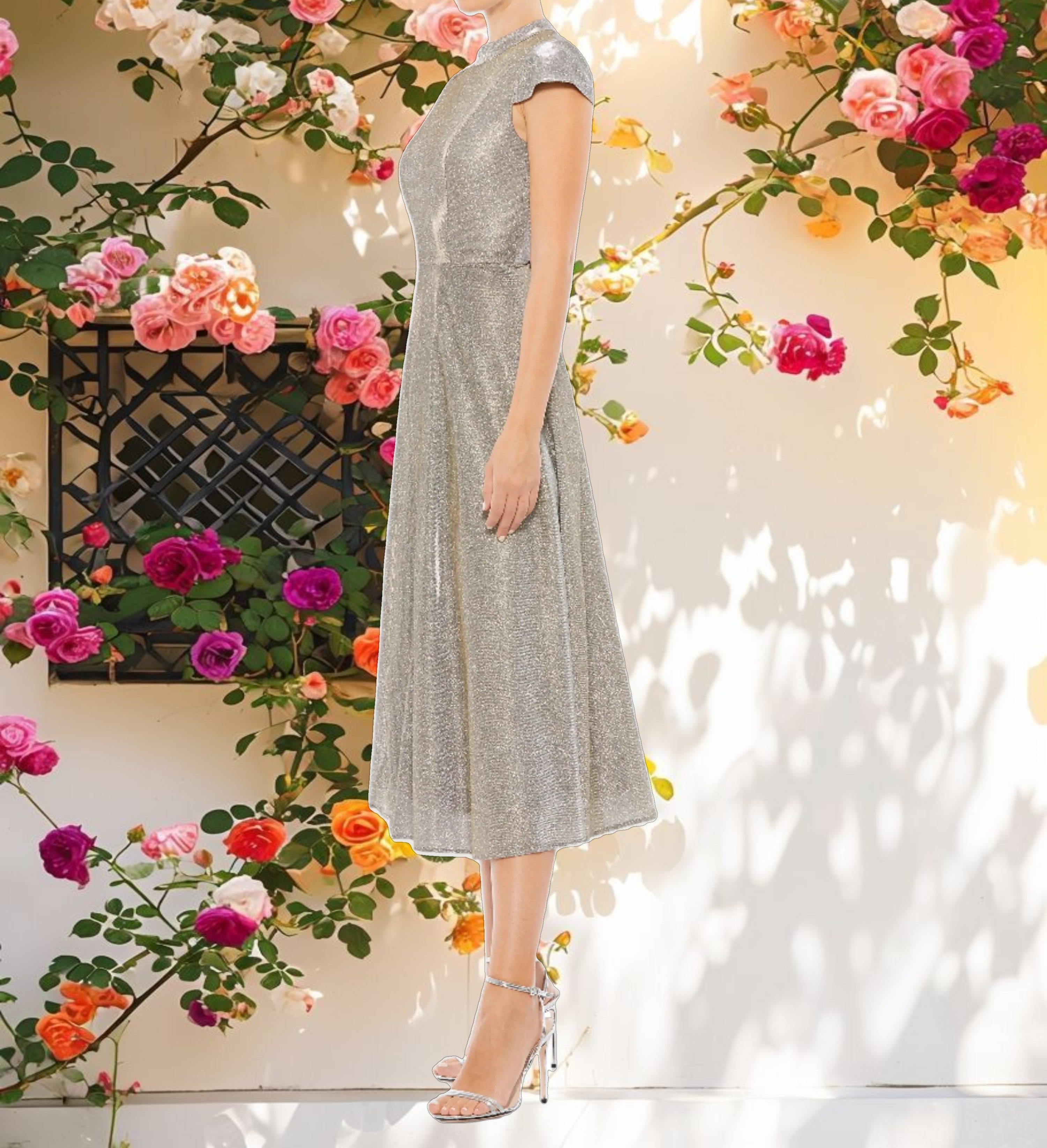 Silver Metallic Cap Sleeve Tea-Length Dress
