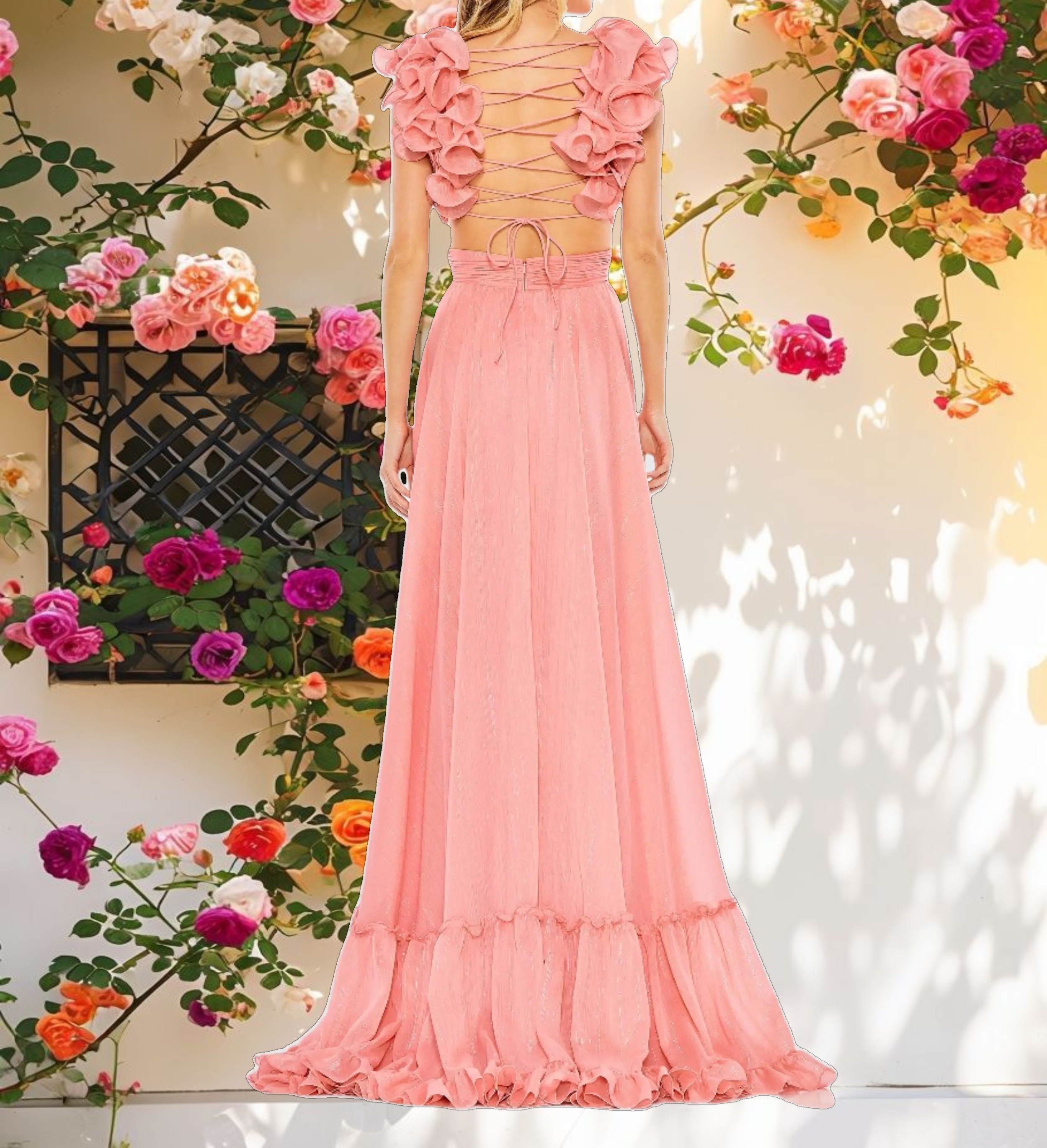 Ruffle Sleeve V Neck A Line Gown