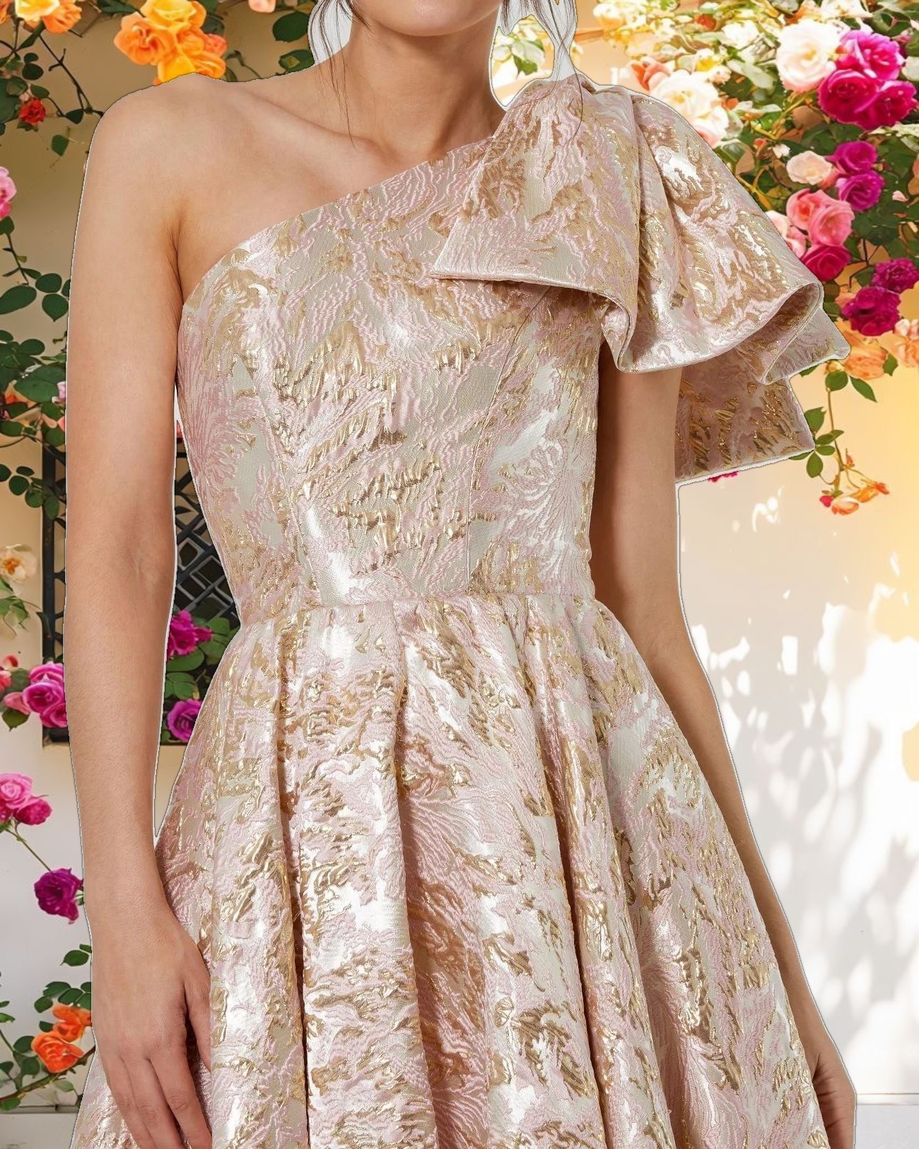 Pink Floral One Shoulder Dress With Bow