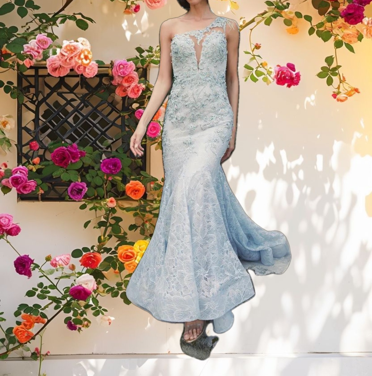 Stitched Detail One Shoulder Gown