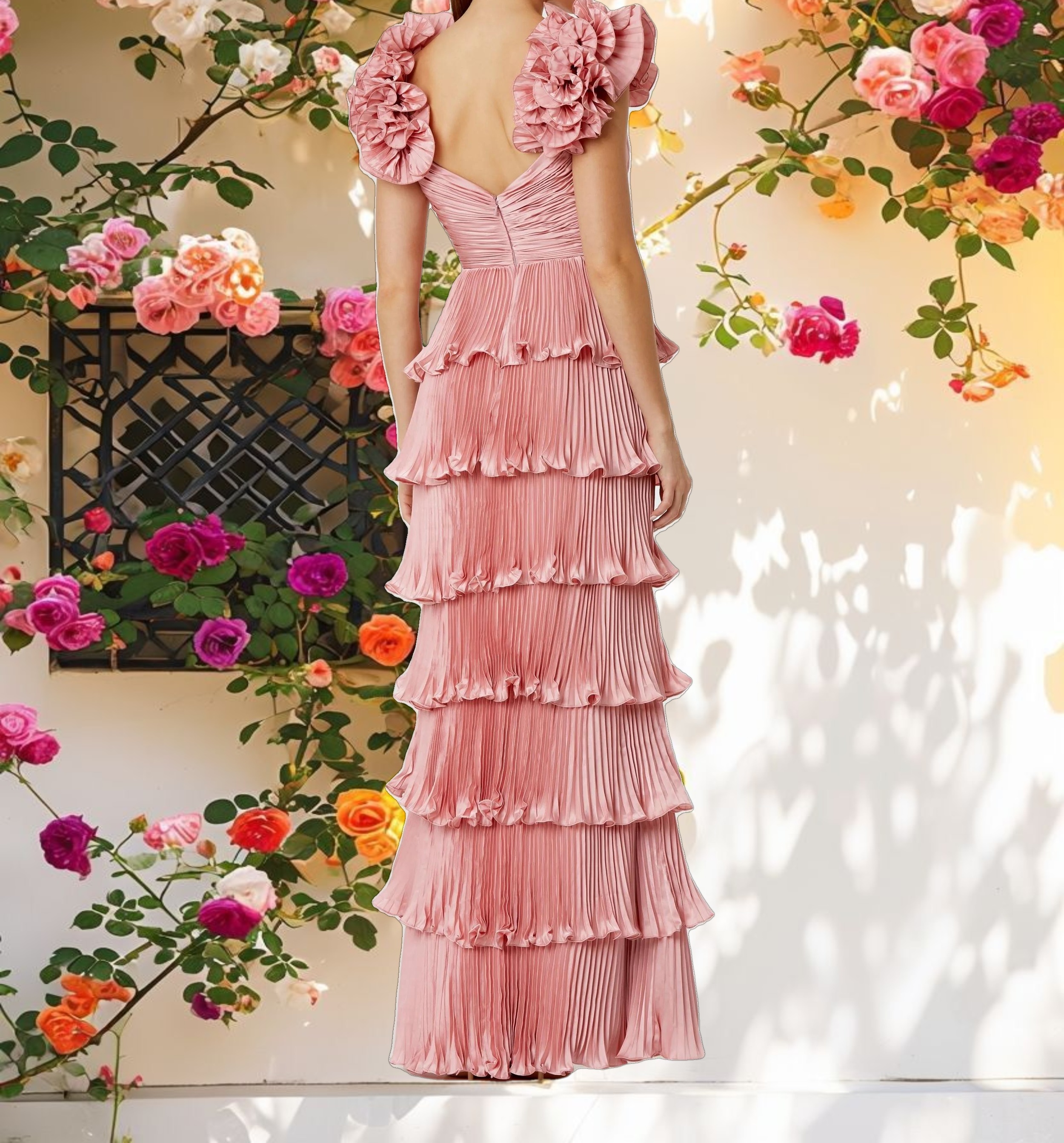 Pleated Charmeuse Tiered Gown