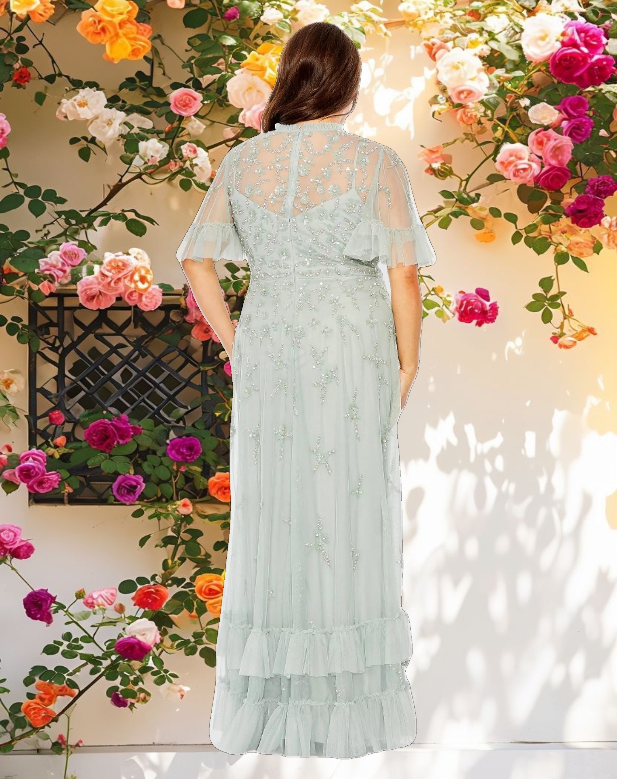 Embellished Flutter Sleeve Ruffle Tiered Gown