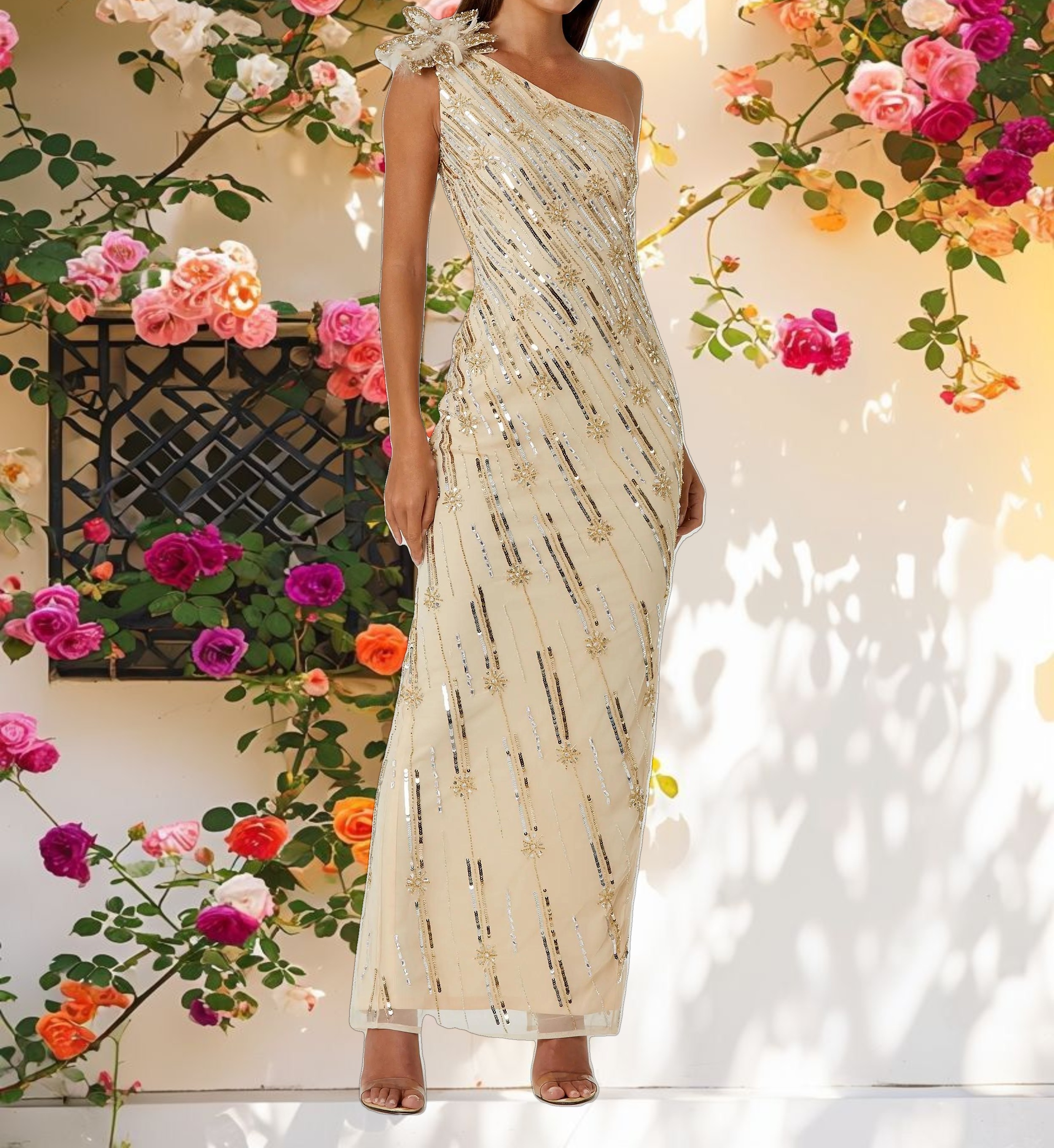 Gold Embellished Floral Detail One Shoulder Gown