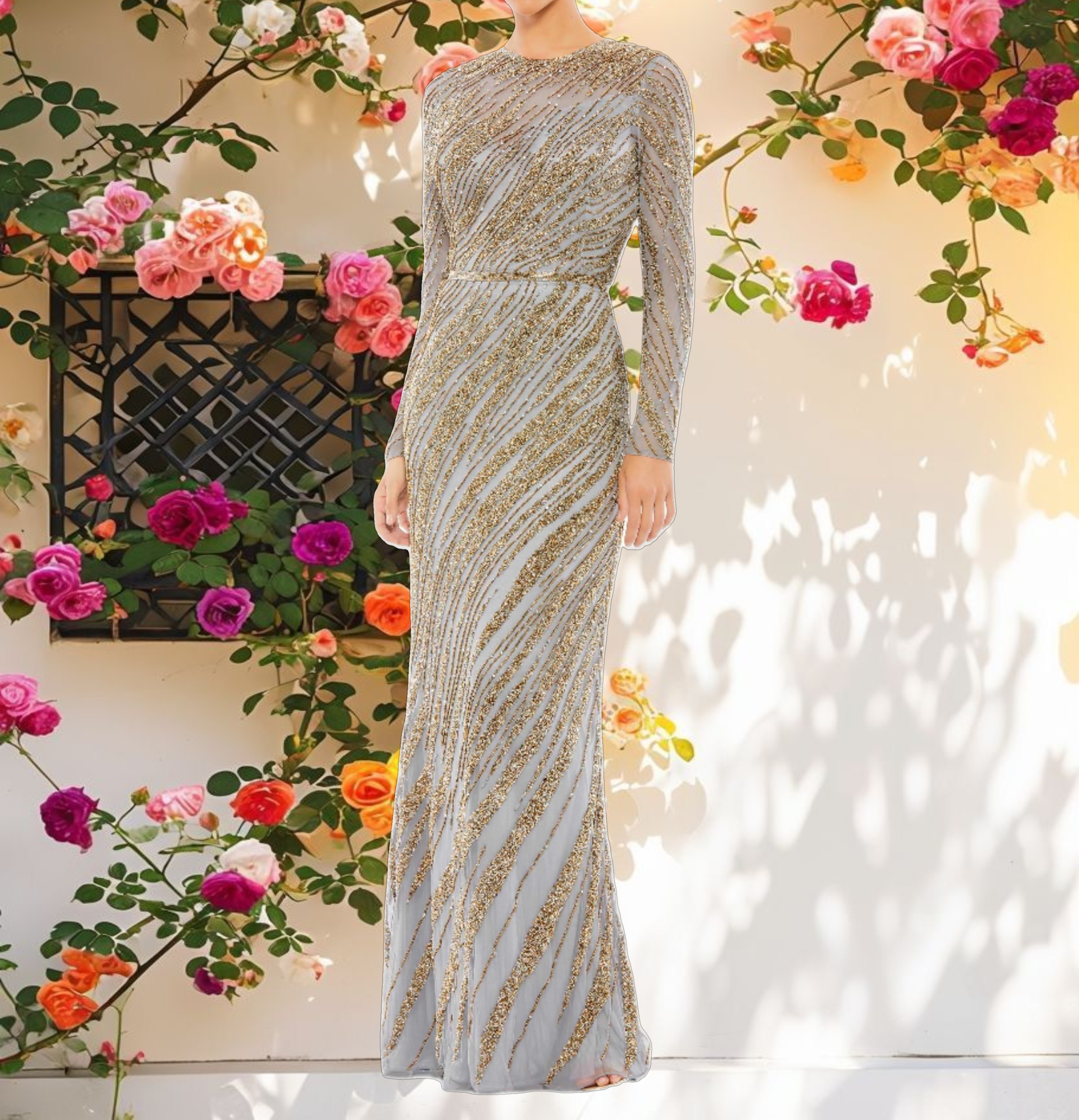 Gold and Blue Long Sleeve Beaded Column Gown