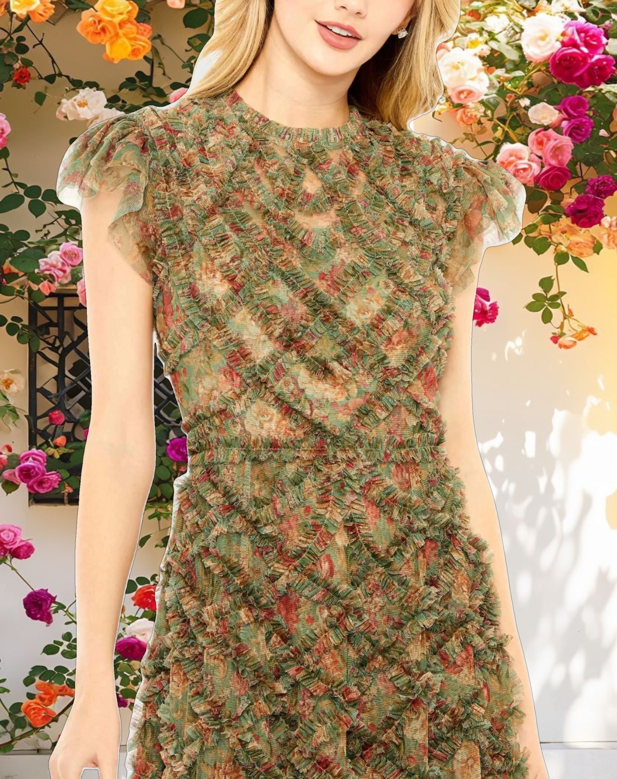 Green High Neck Ruffle Cap Sleeve Floral Dress