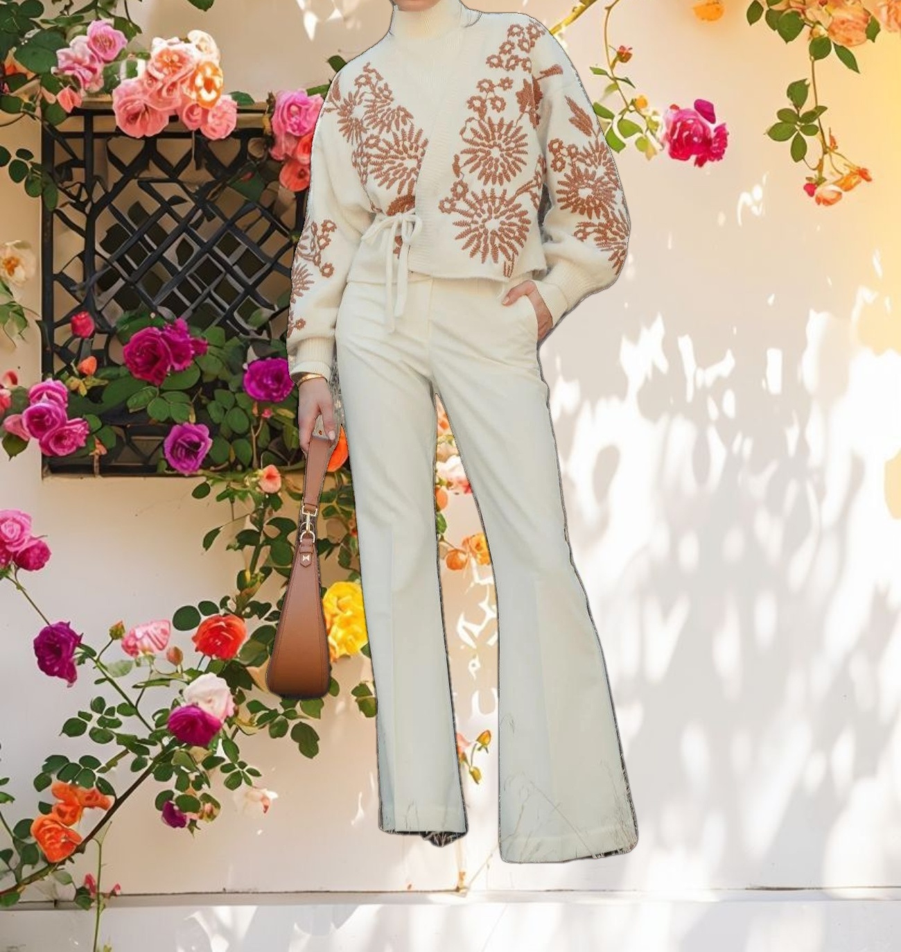 Cropped Knit Cardigan With Floral Details