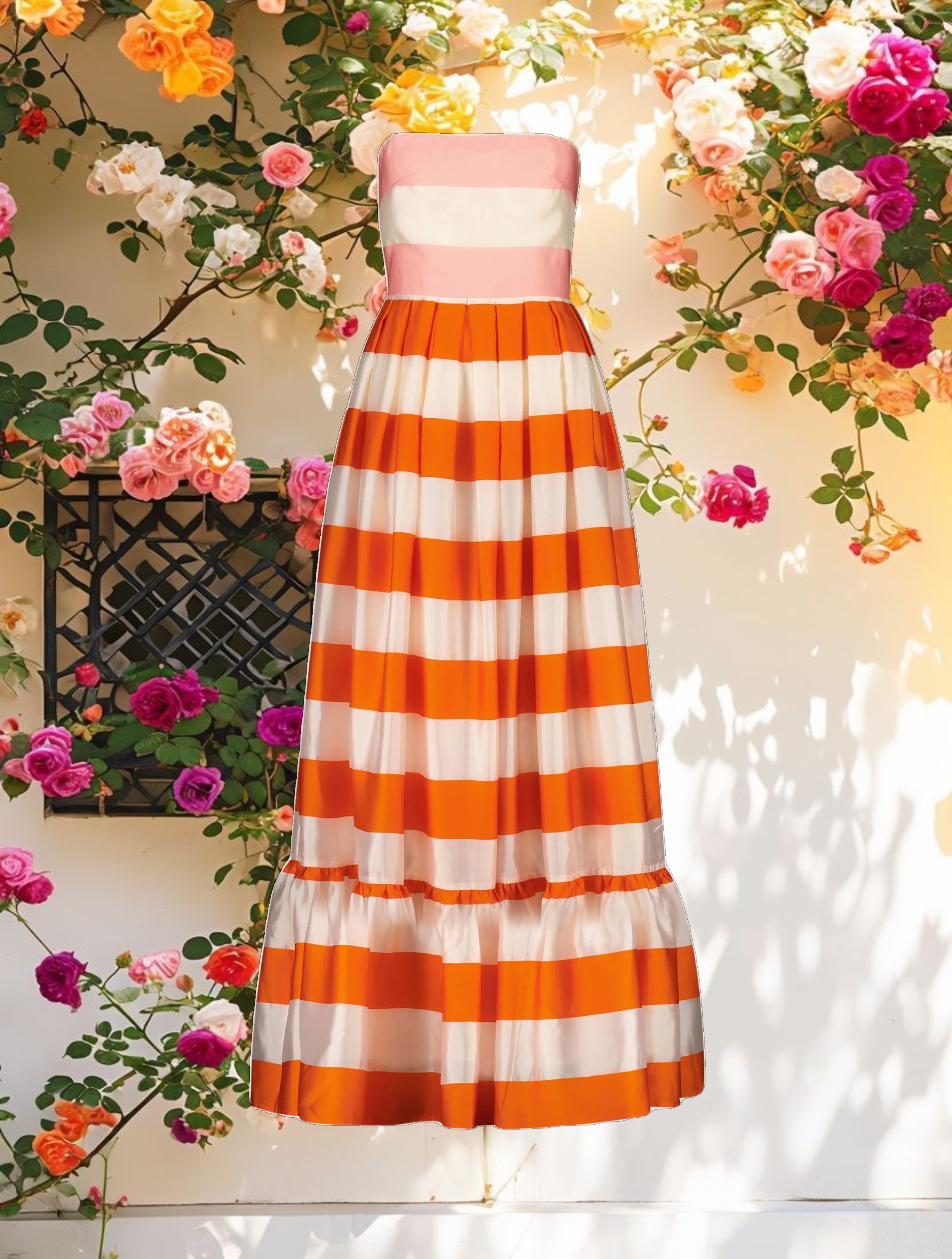 Striped Organza Ruffle Maxi Dress