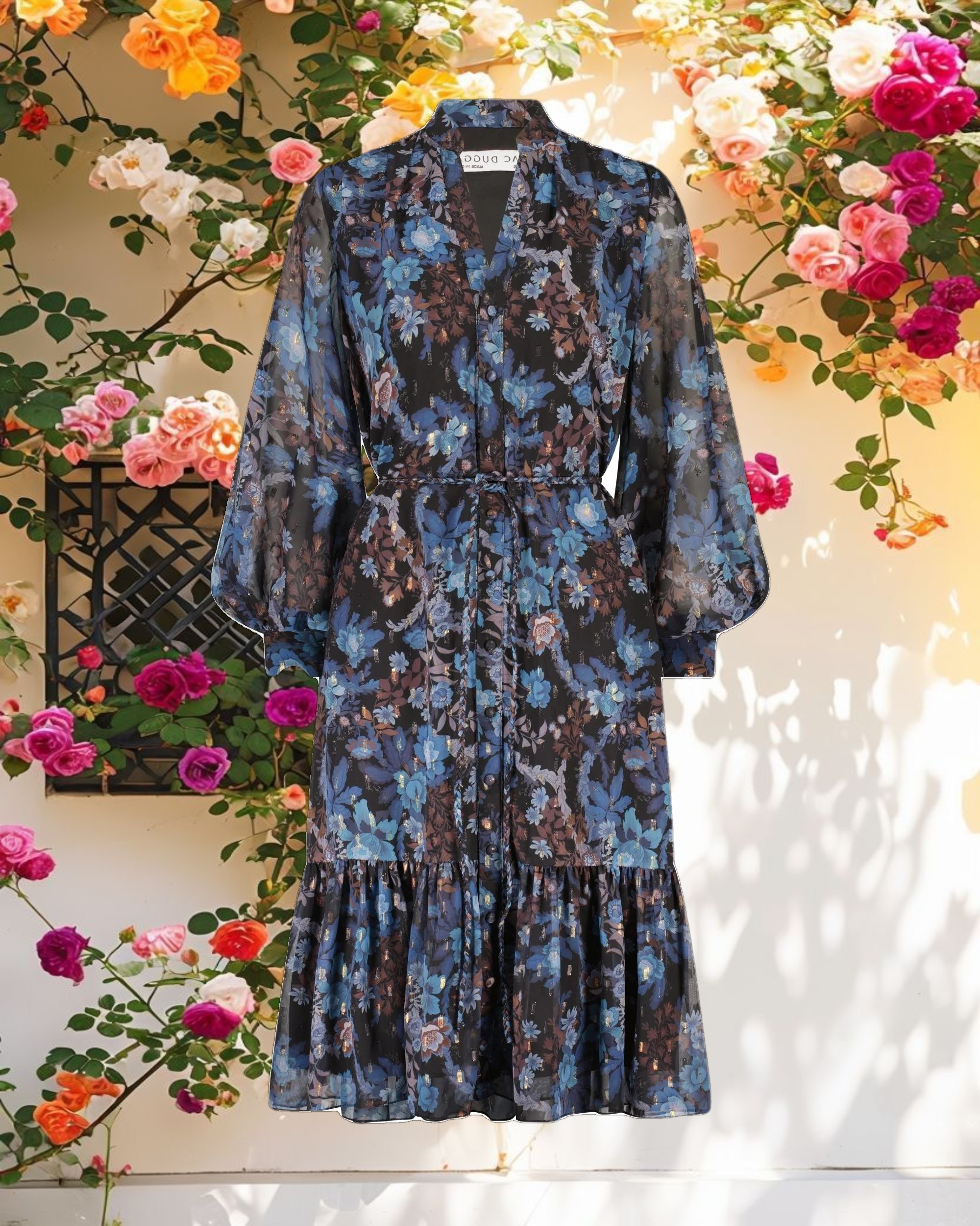 Shimmering Chiffon Bishop Sleeve Dress