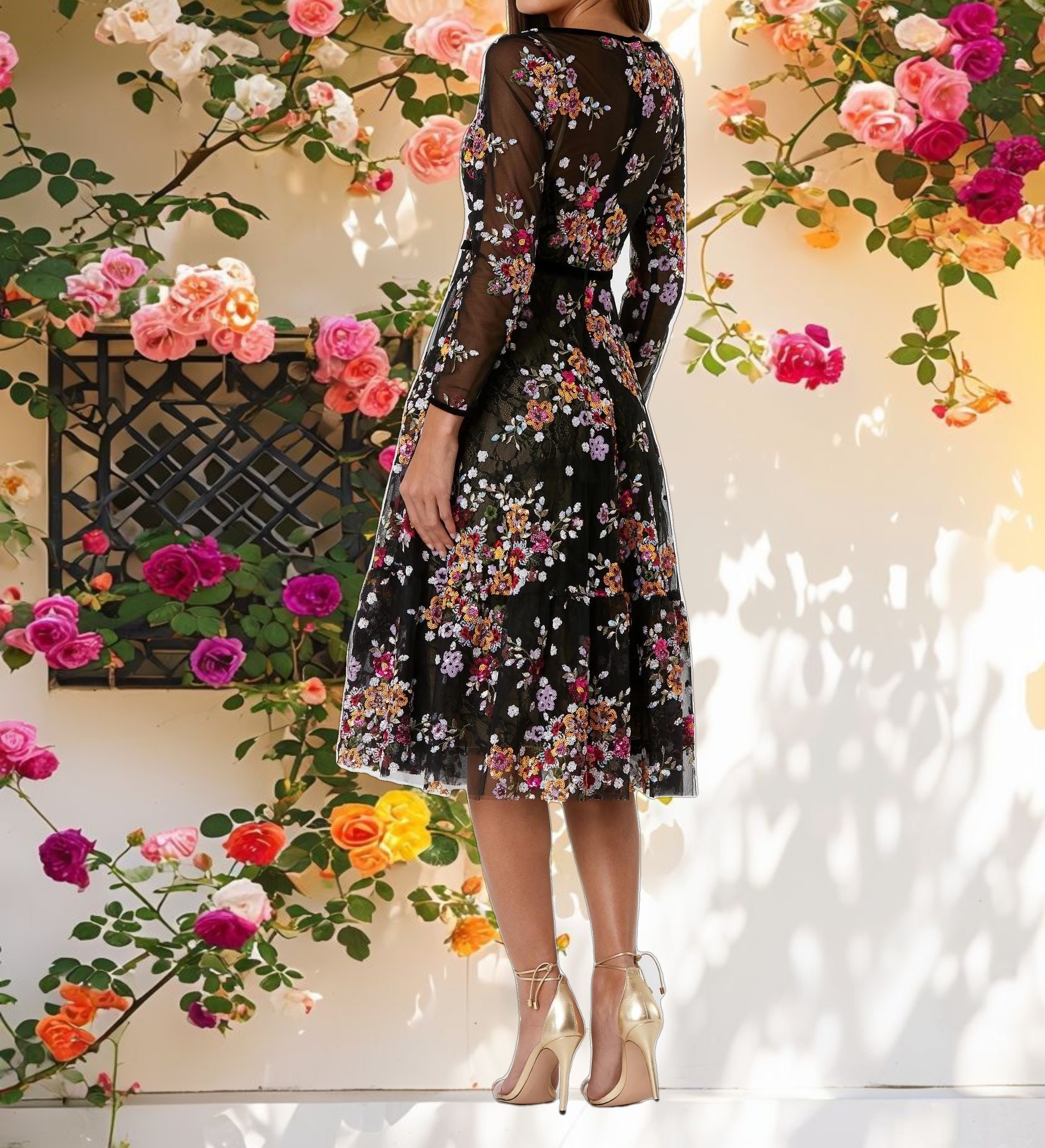 Floral Embroidered Tea Length Dress