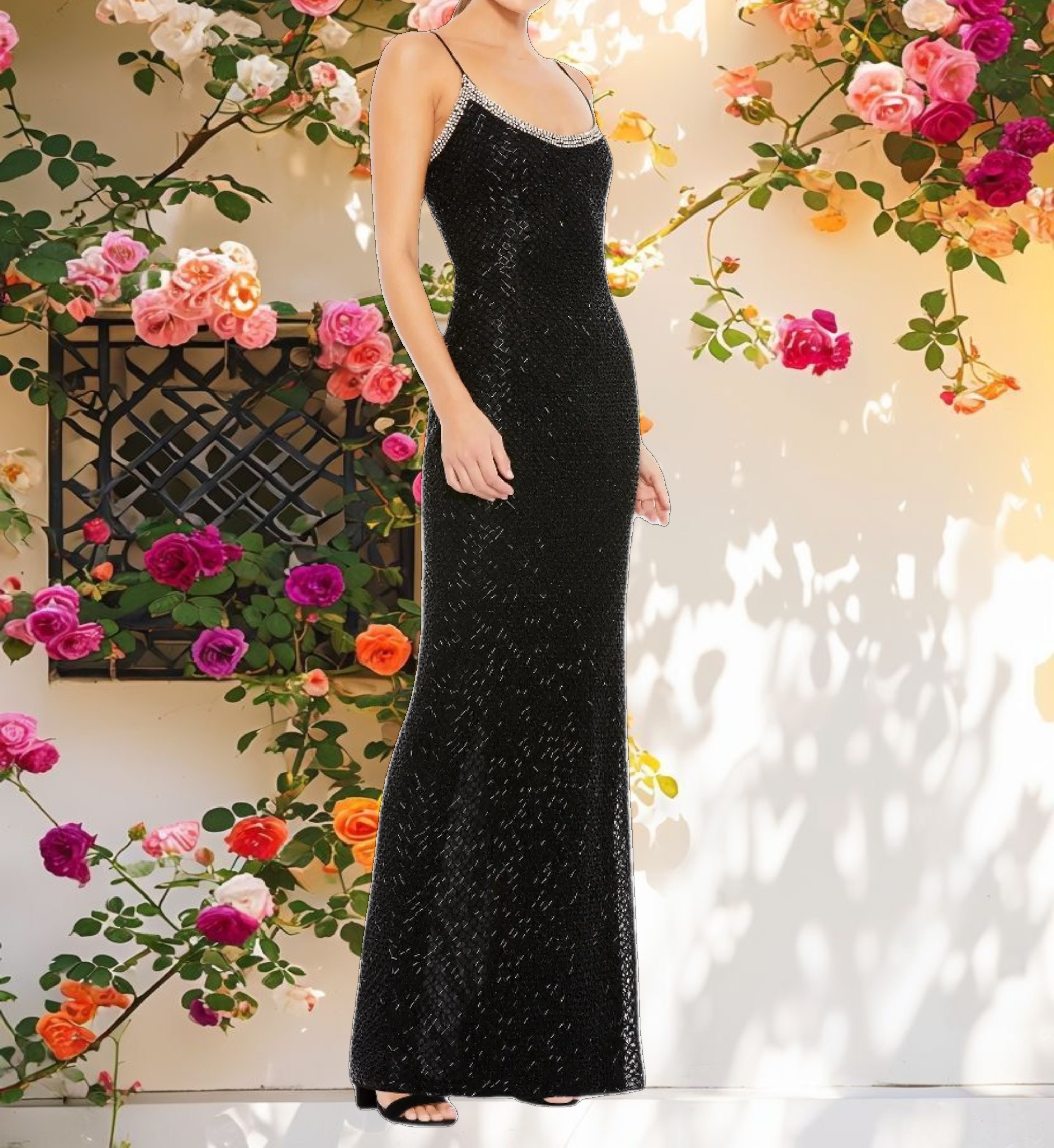 Beaded Spaghetti Strap Column Gown