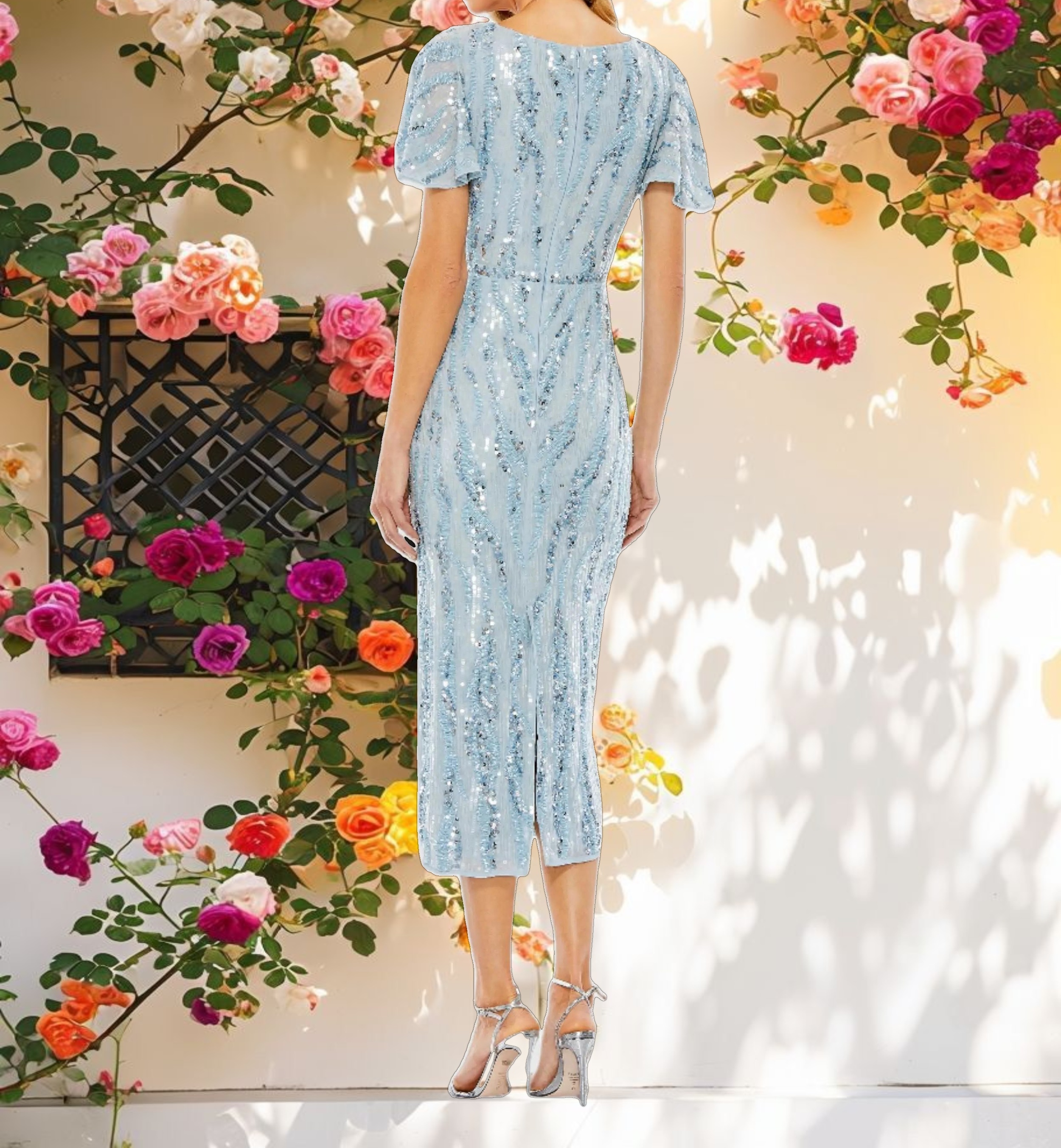 Shimmering V-Neck Flutter Sleeve Tea Length Dress