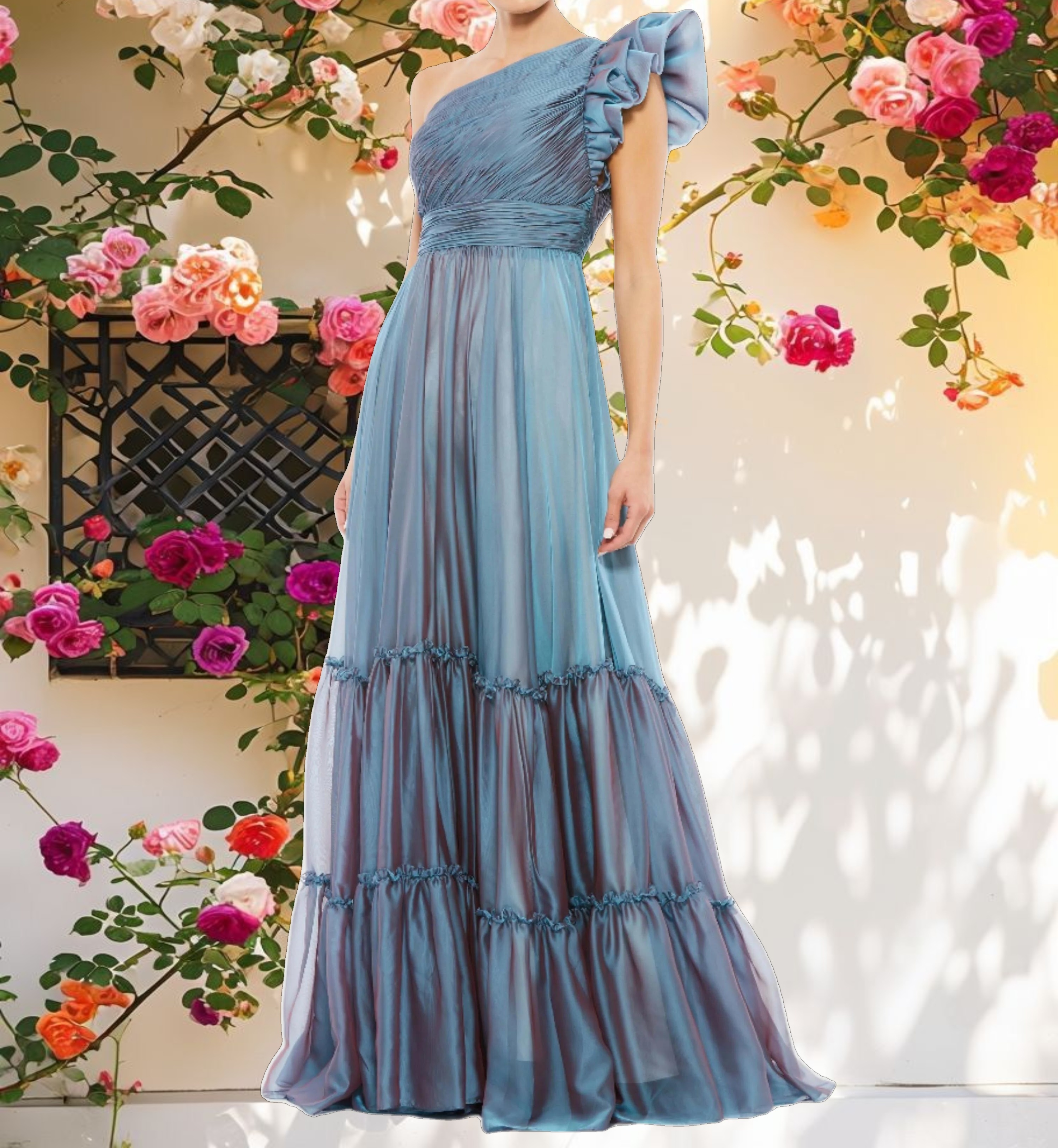 Blue Organza One Shoulder Pleated Gown