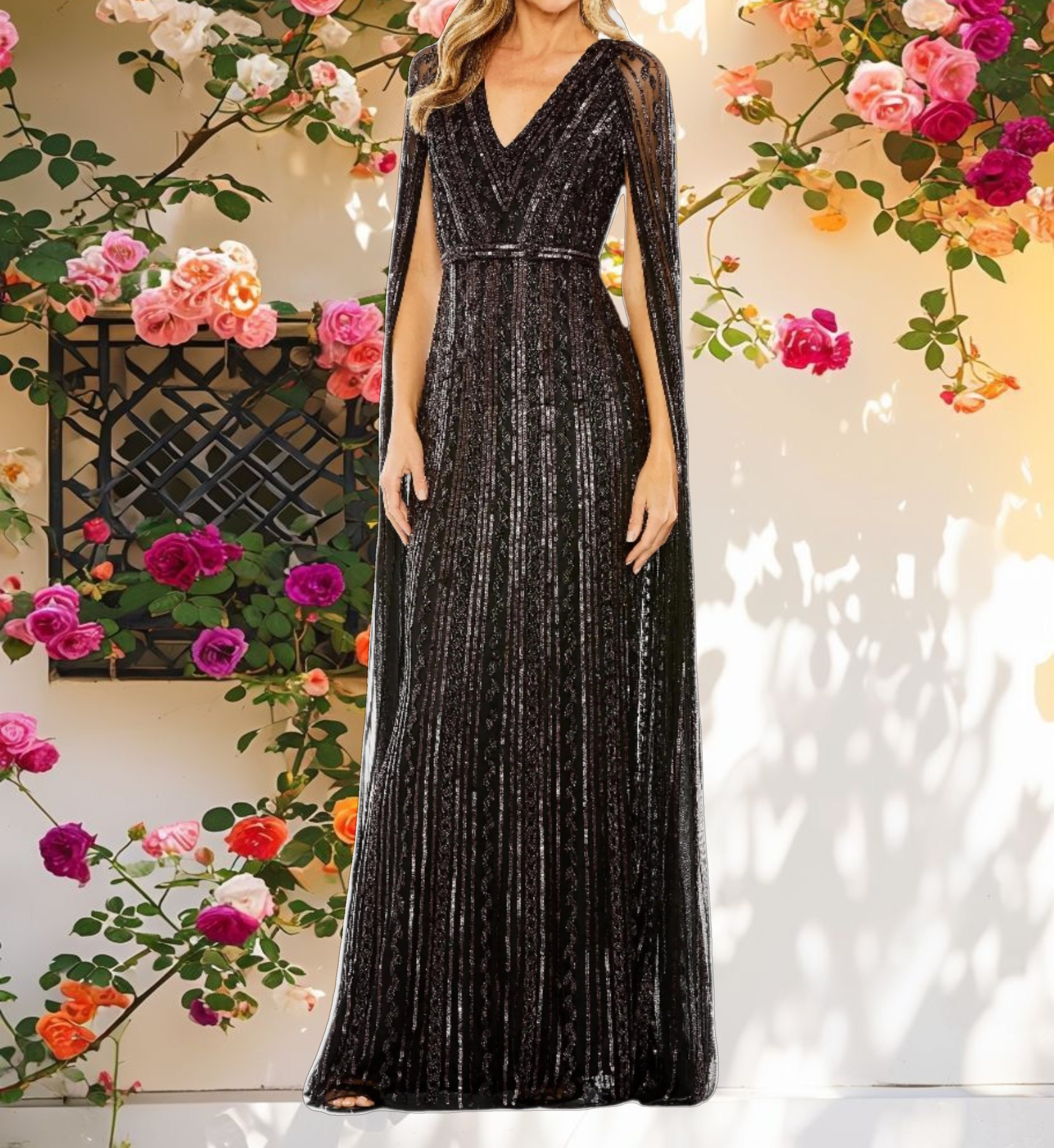 Black Sequined V Neck Gown with Cape Sleeves