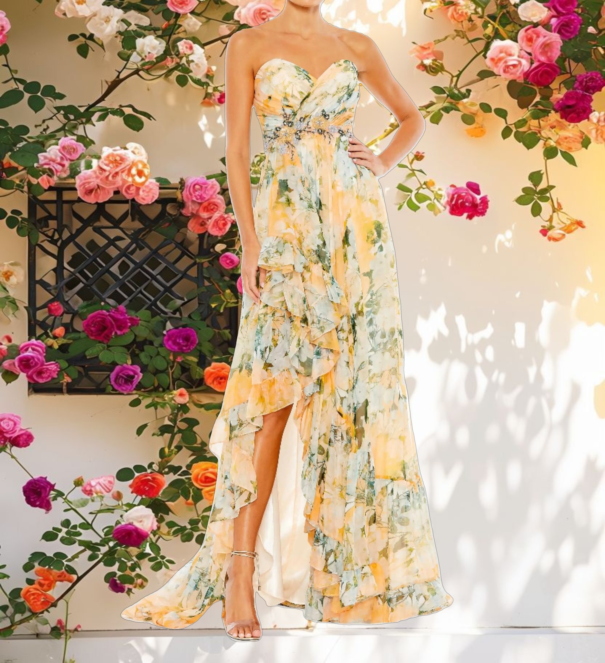 Ruffled Asymmetrical Hem Strapless Gown