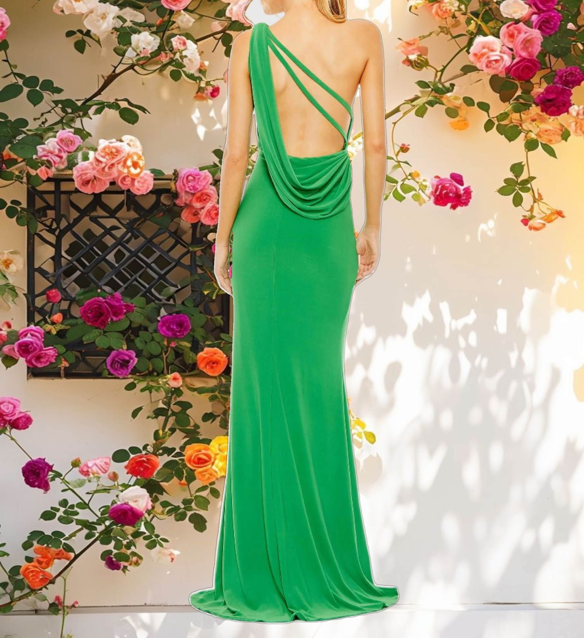Green Jersey One Shoulder Draped Back Gown