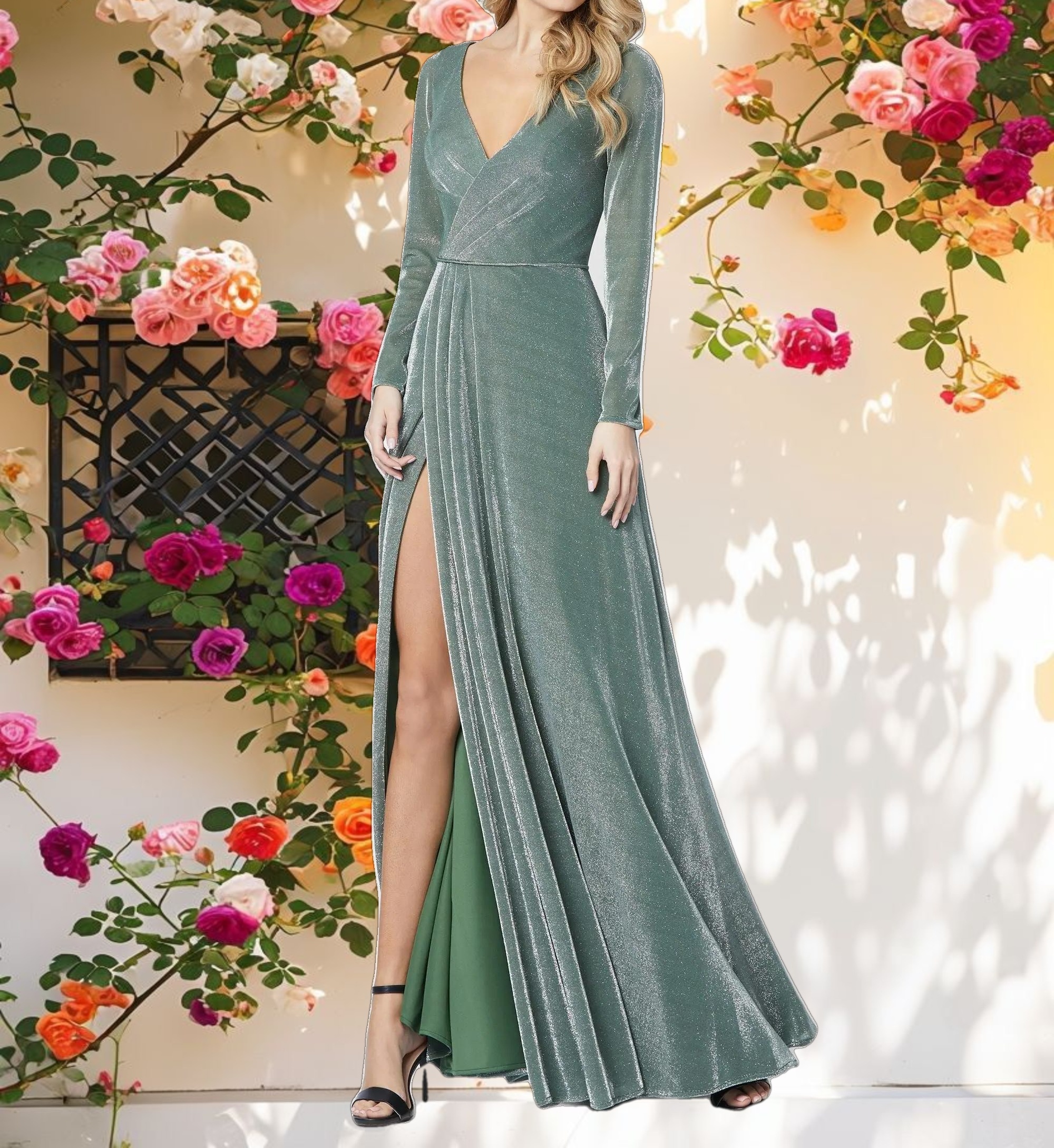 Long Sleeve Faux Wrap A Line Gown