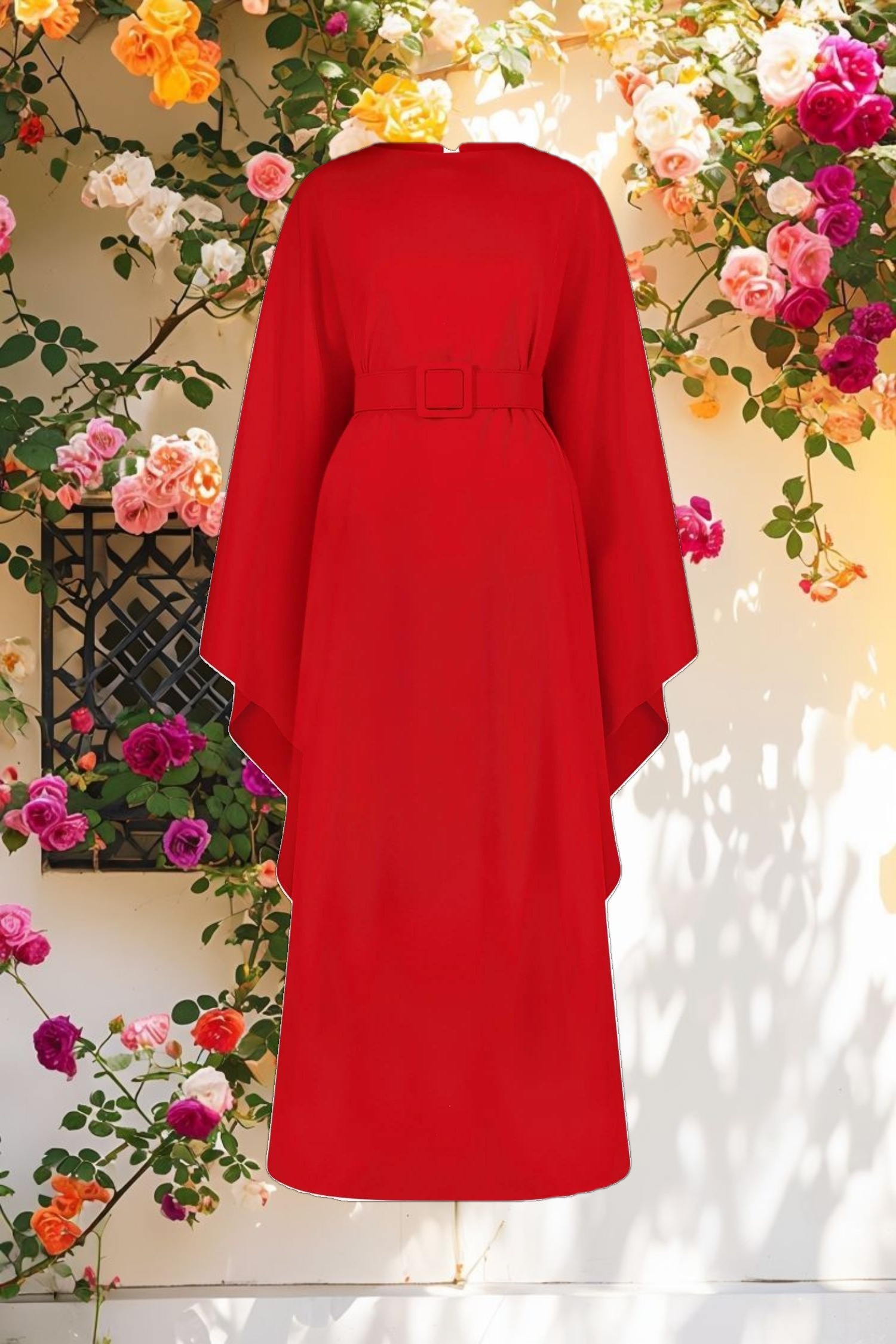 Red Crepe Boat Neck Caftan Maxi Dress With Belt