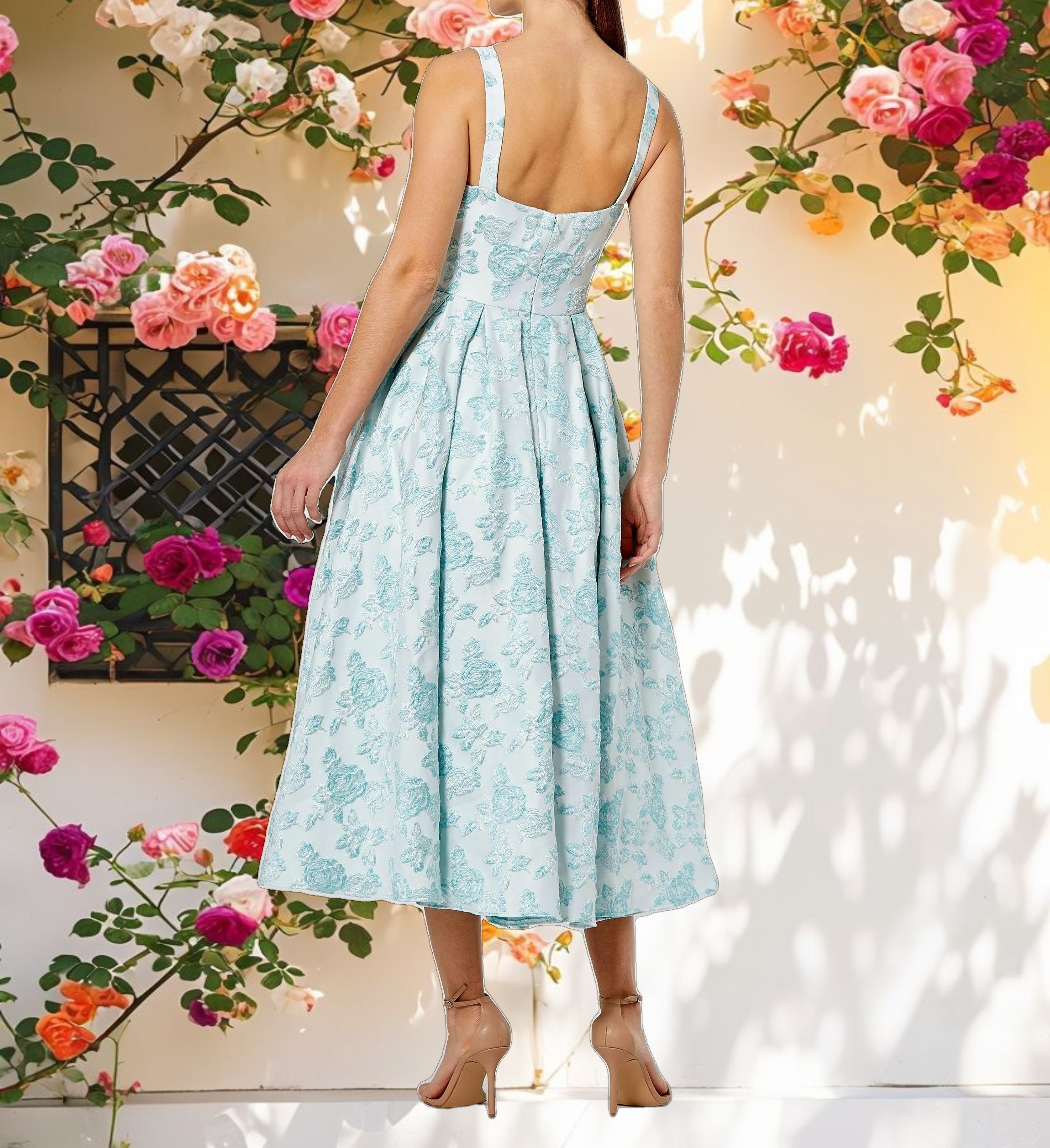 Blue Sleeveless Large Bow Detail Floral Brocade Dress