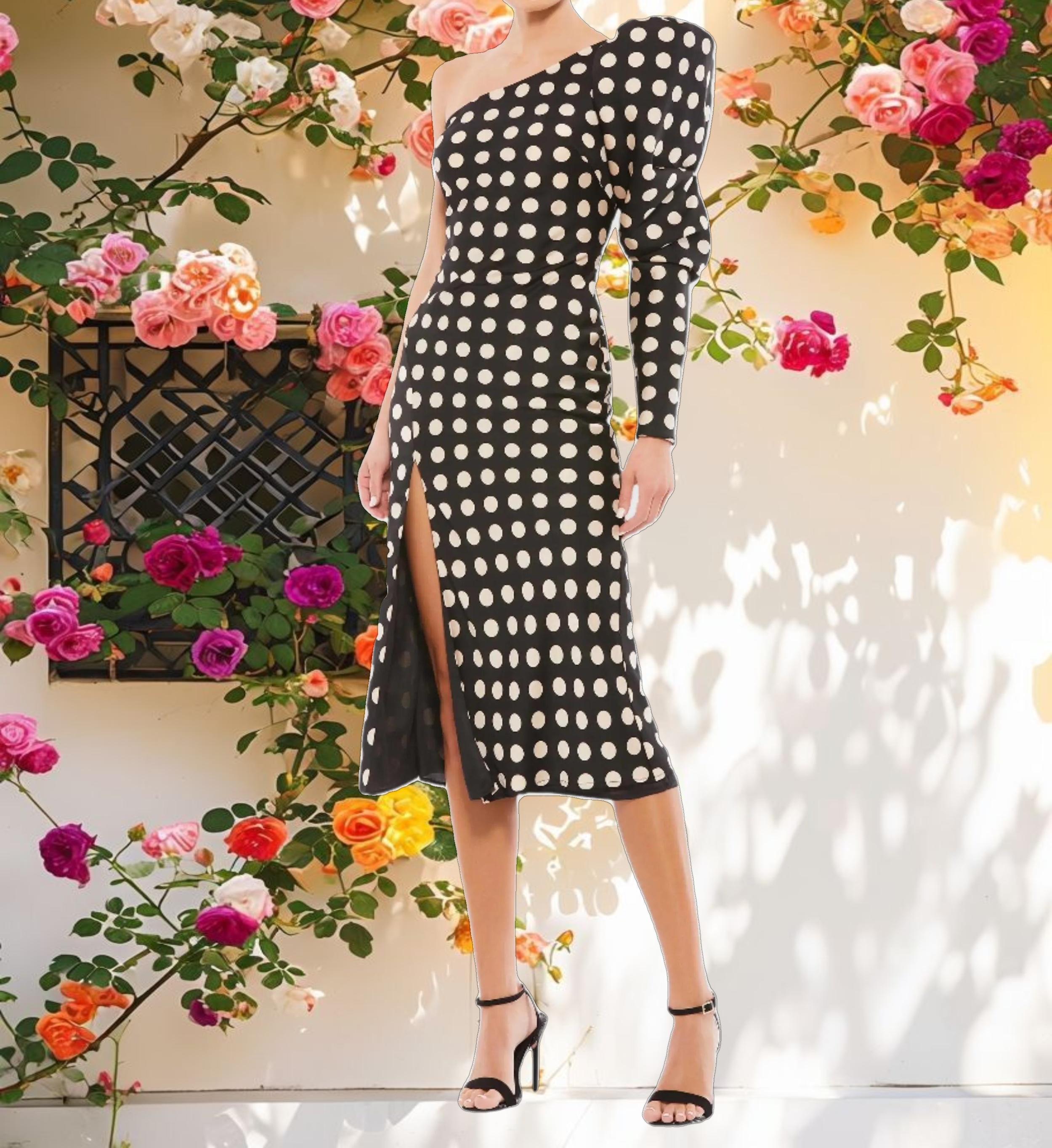 Long Puff Sleeve Polka Dot Tea Length Dress