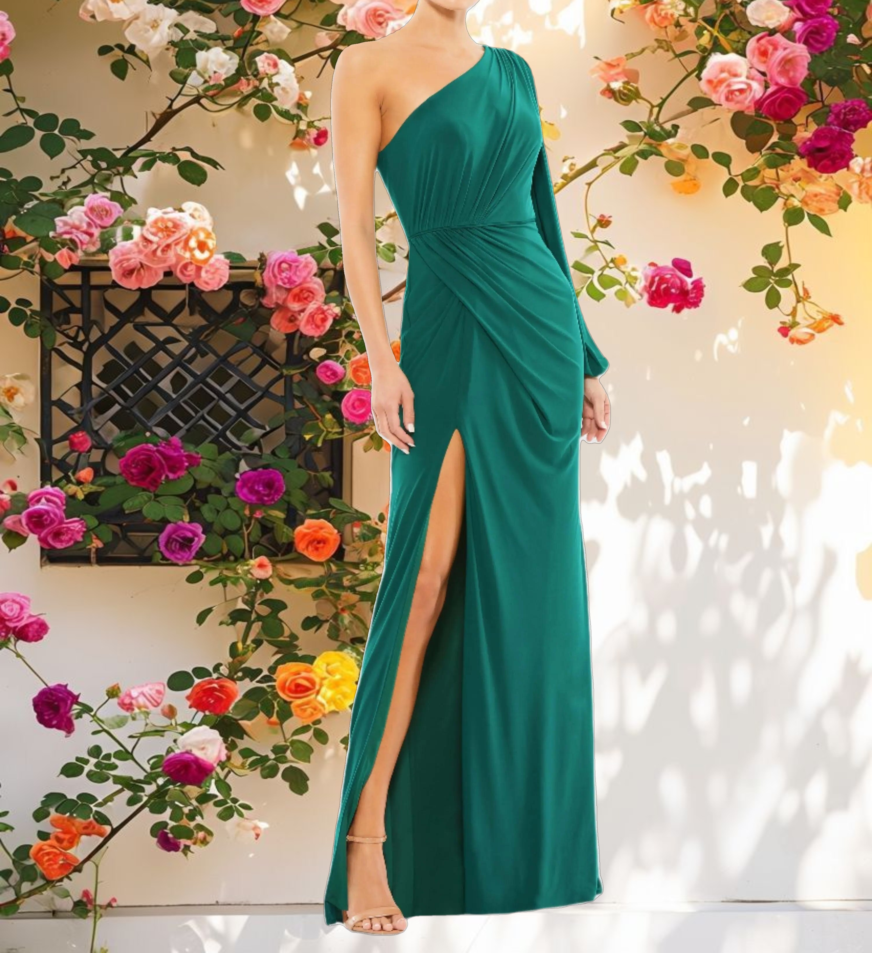 Green One Shoulder Puff Sleeve Faux Wrap Gown