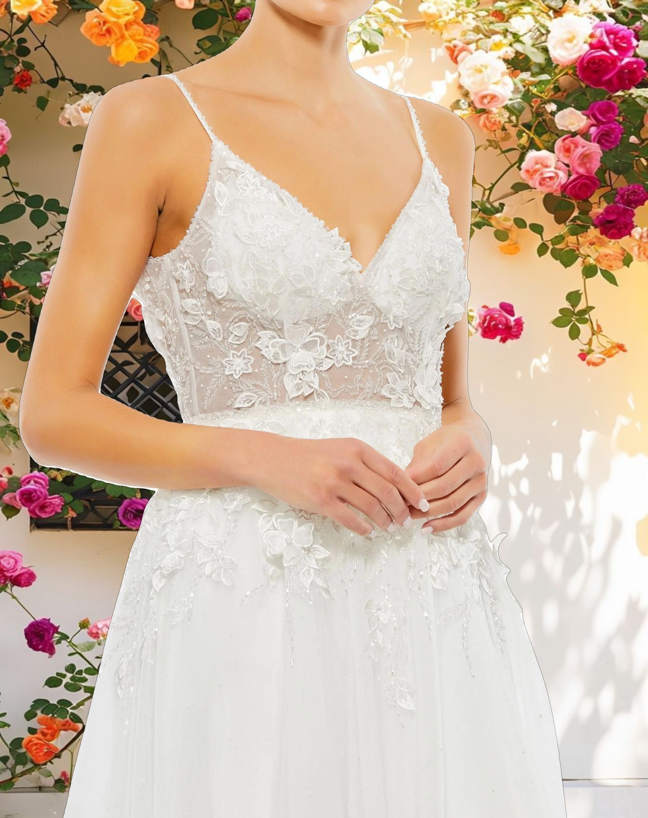 White Applique V Neck Sleeveless Open Back A Line Gown