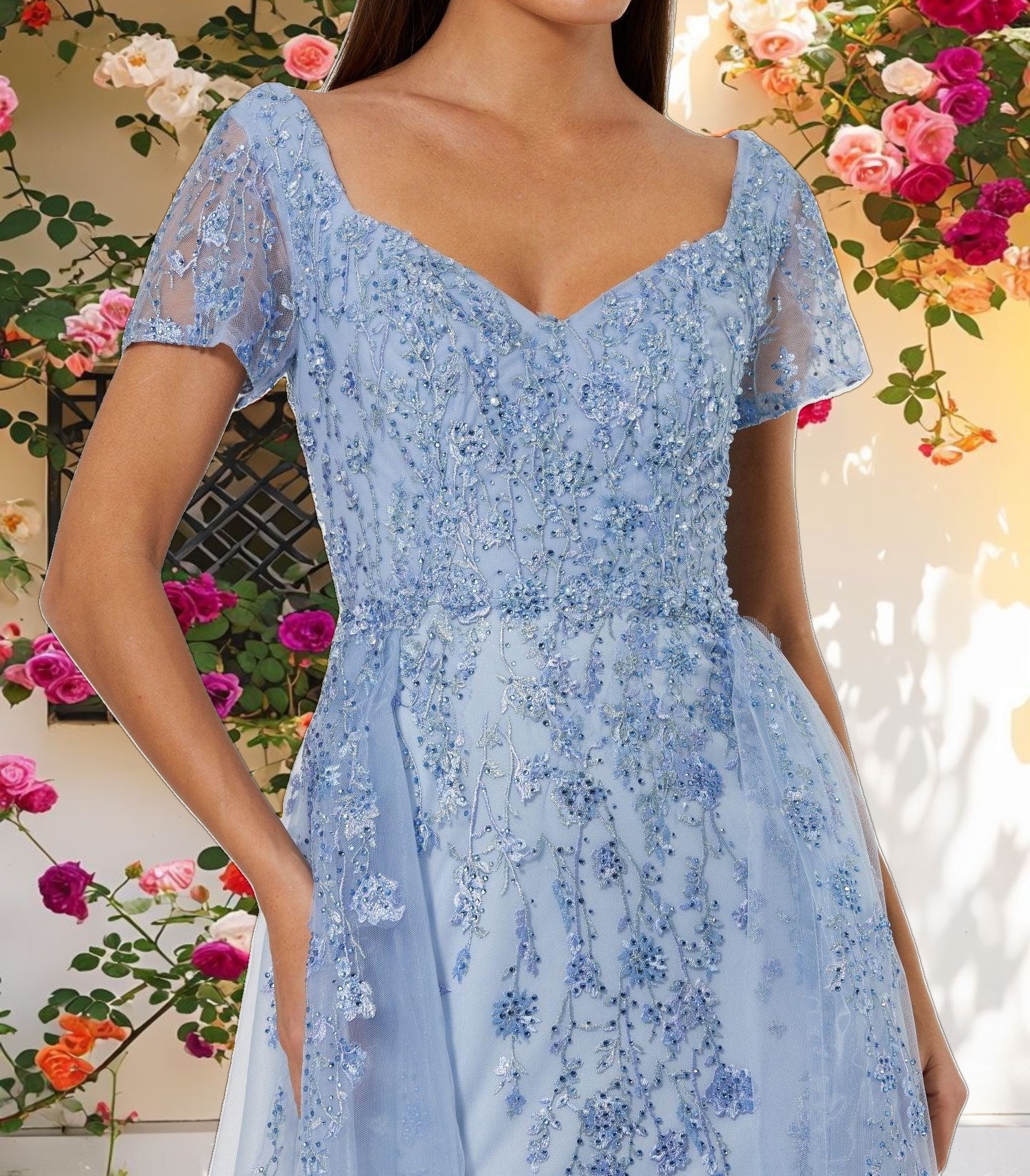 Blue Cap Sleeve Beaded Embroidered Overskirt Gown