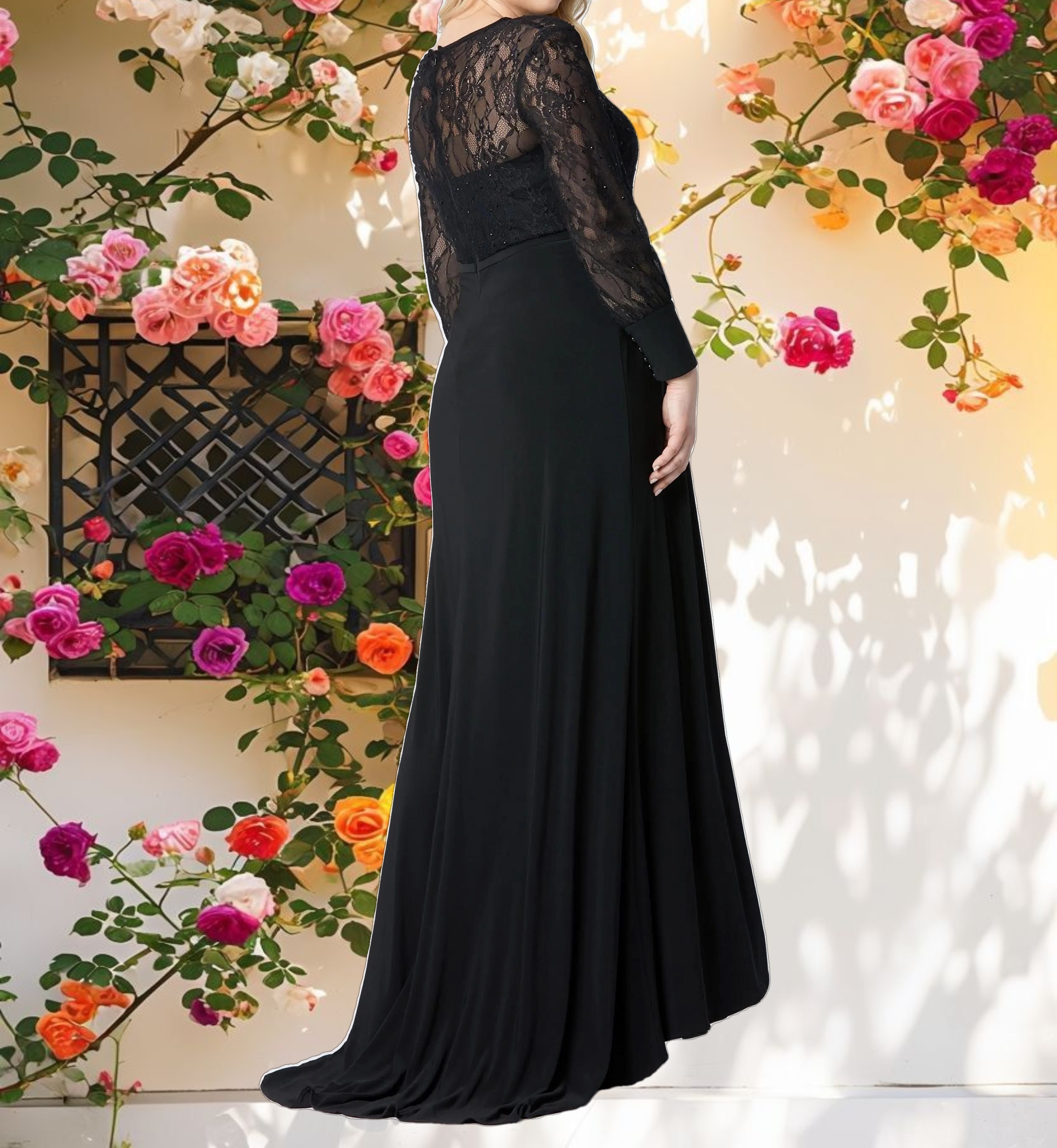 Black Sequin Lace Evening Gown