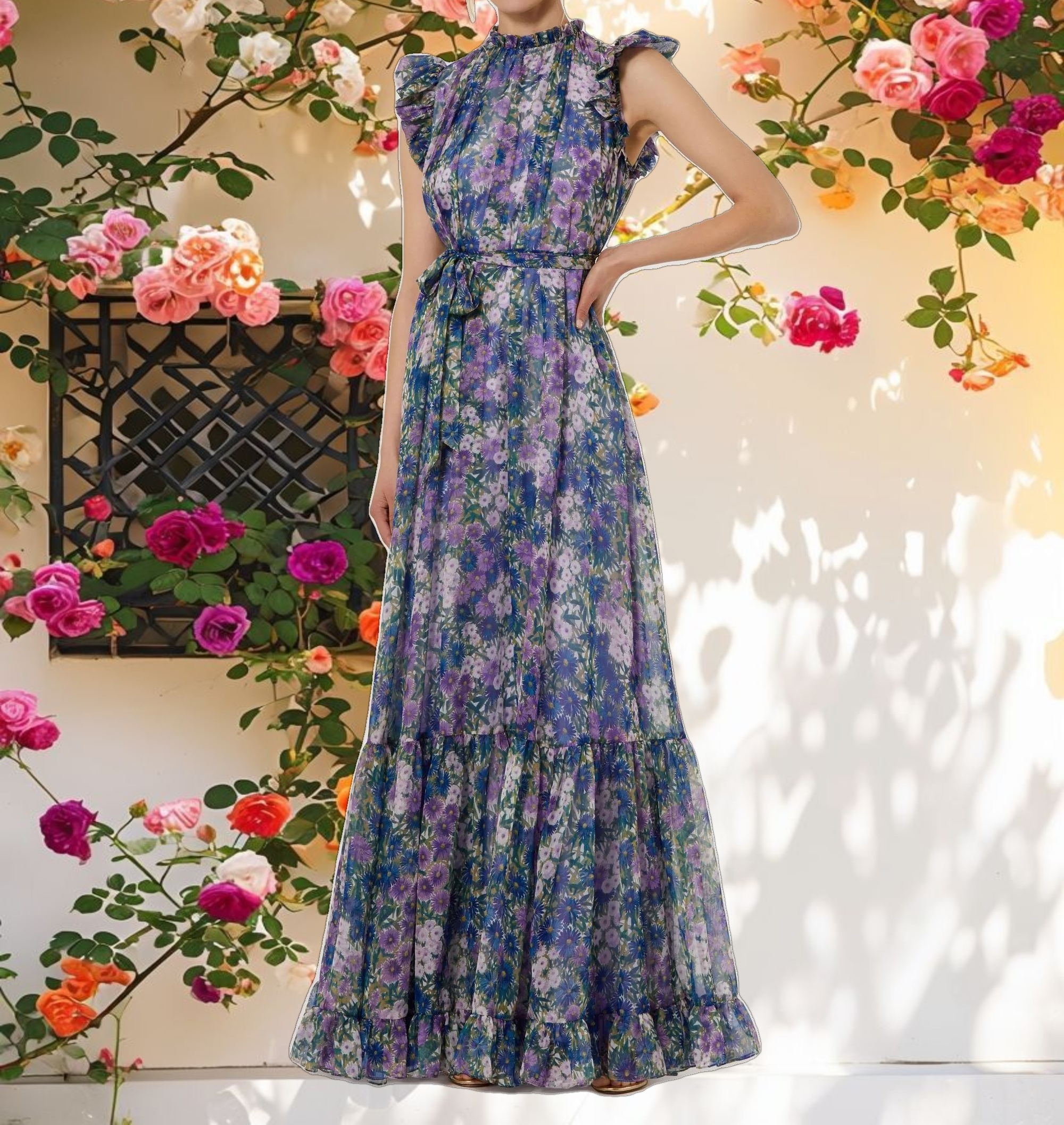 Floral Printed Chiffon Ruffle Sleeve Gown With Bow Belt