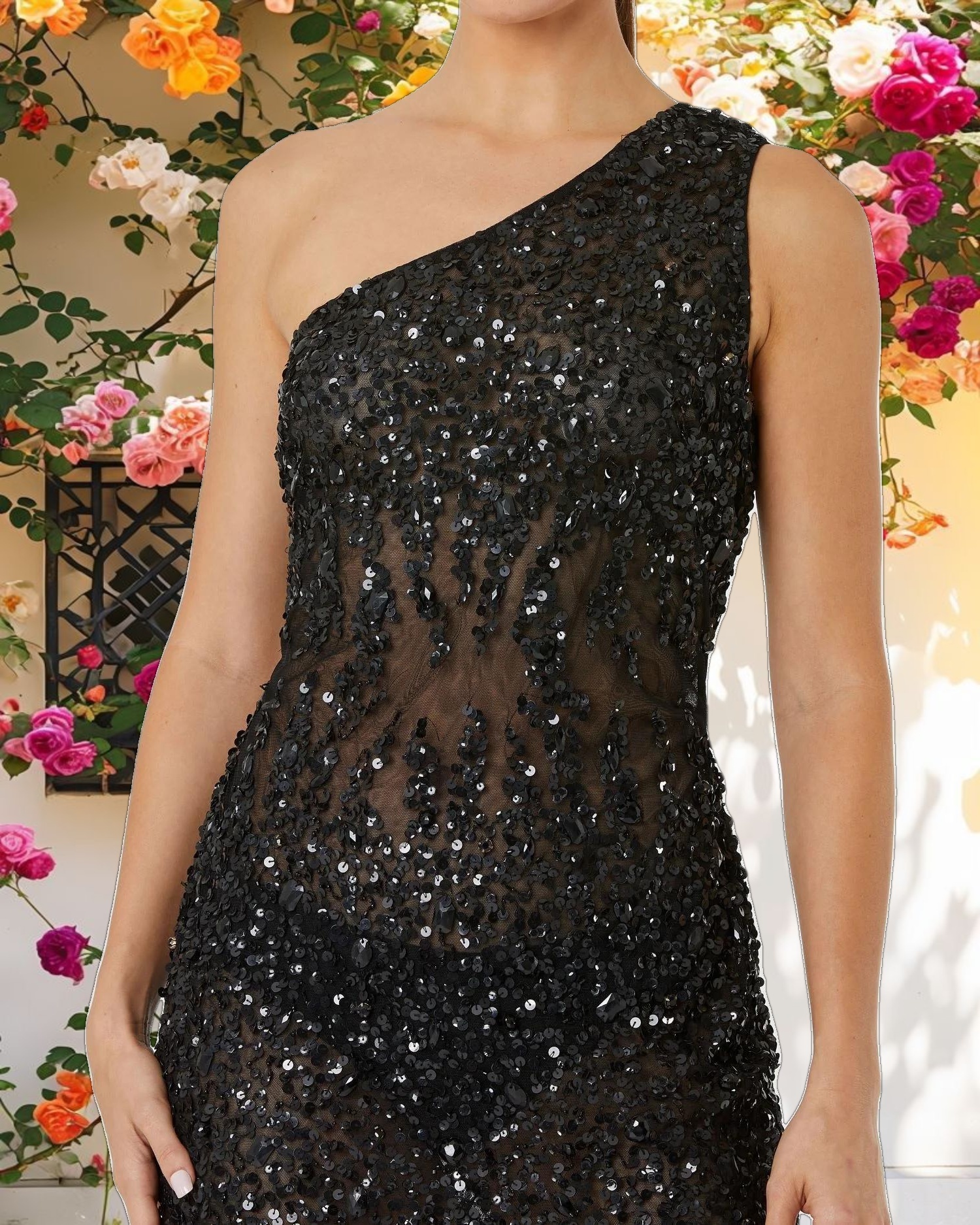 Black One Shoulder Sheer Hand Beaded Mini Dress