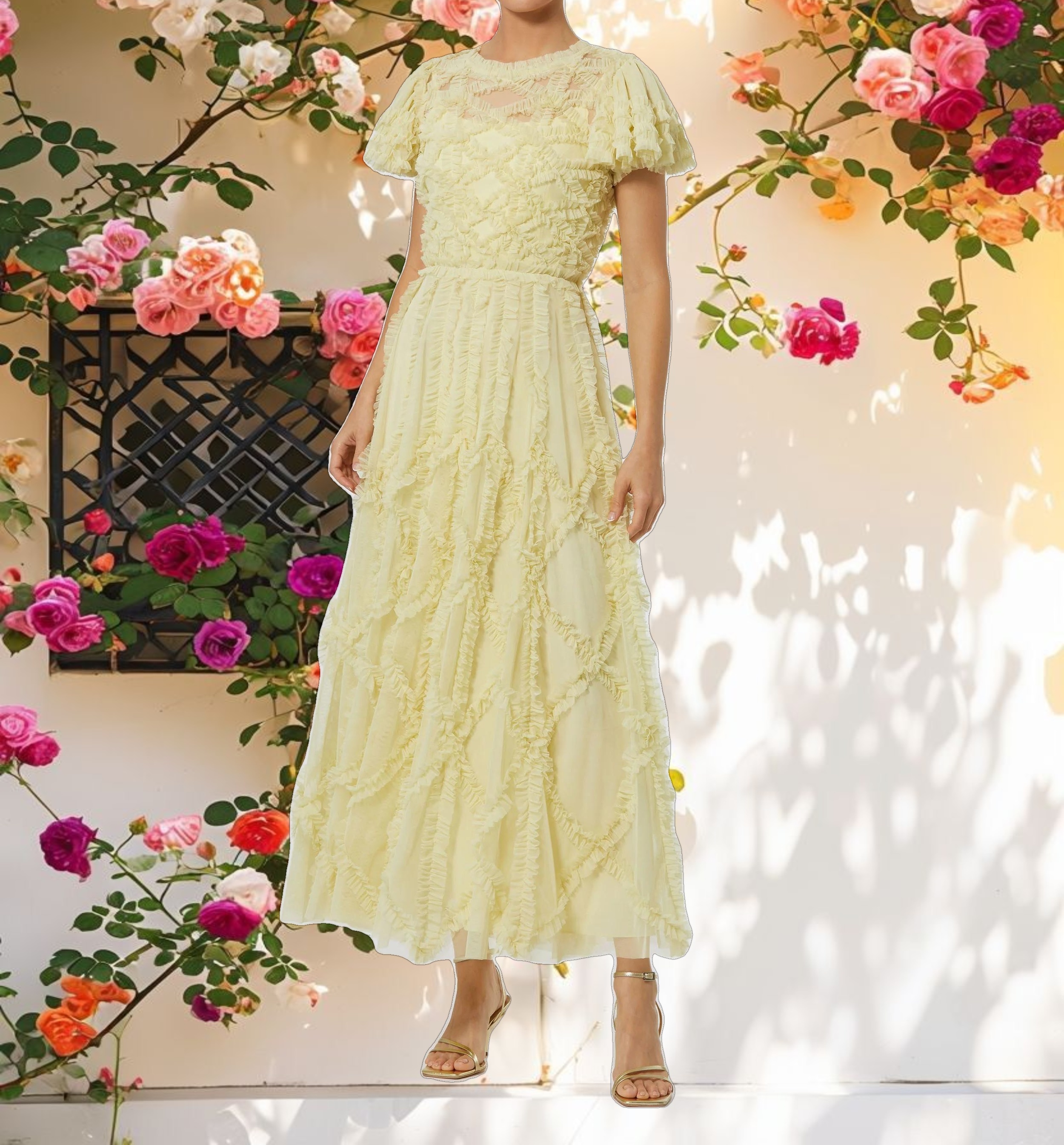 Yellow A line Micro Ruffle Midi Dress