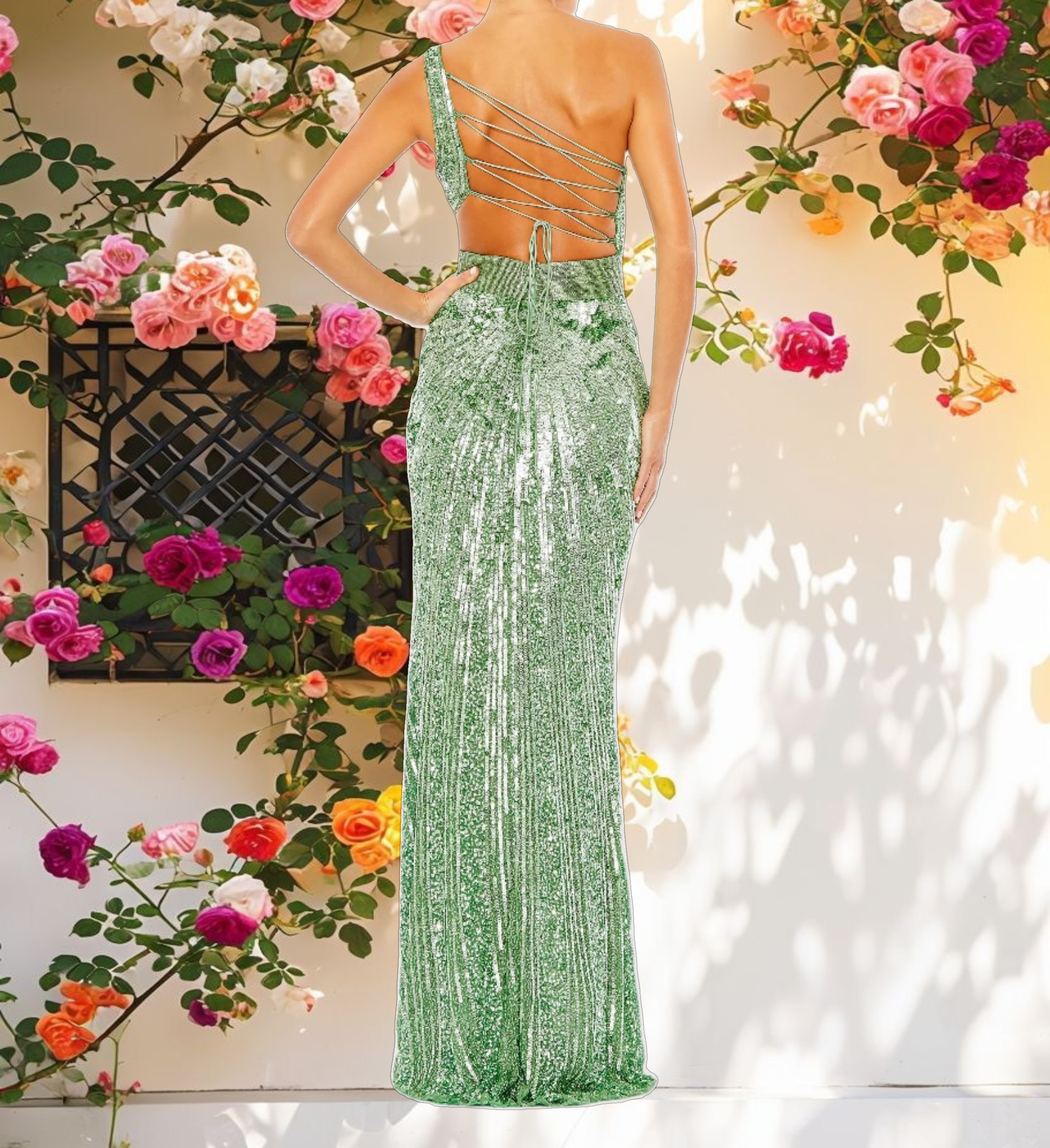 Sparkling Mesh Draped Lace Gown