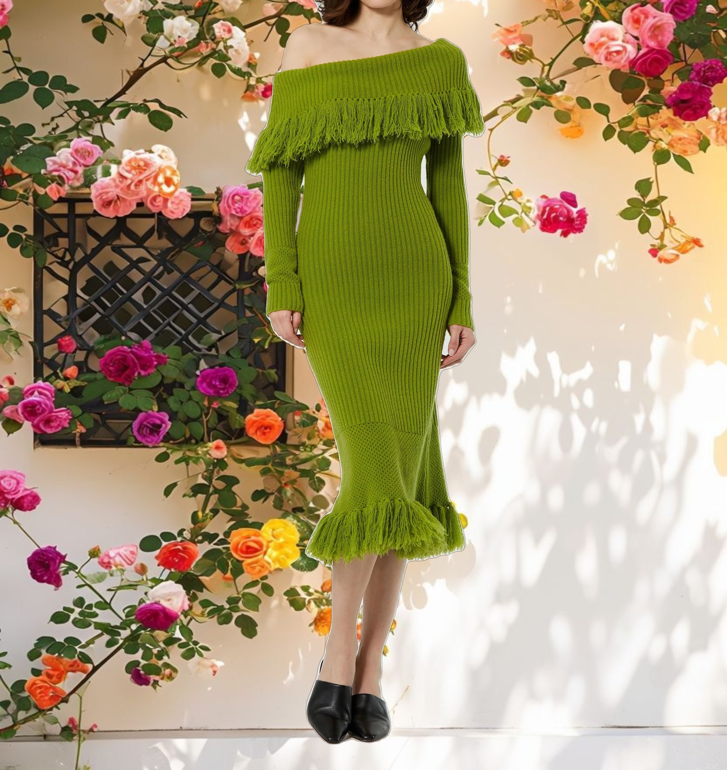 Bohemian Fringe Long Sleeve Knit Dress