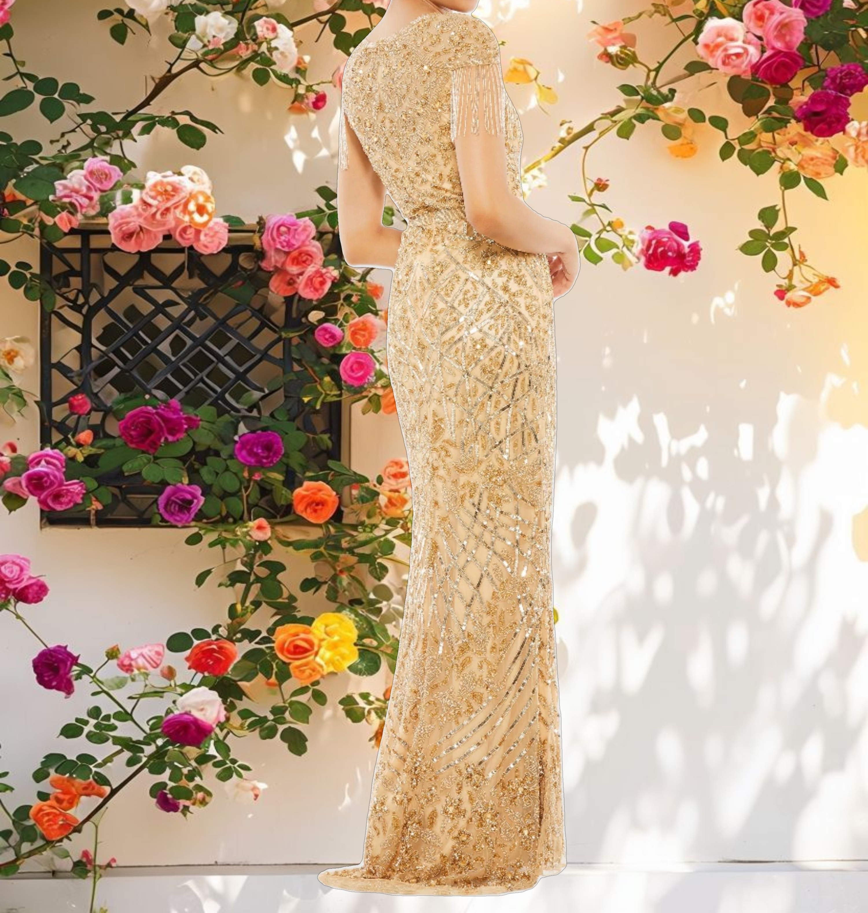 Gold Embellished Fringe Cap Sleeve Trumpet Gown