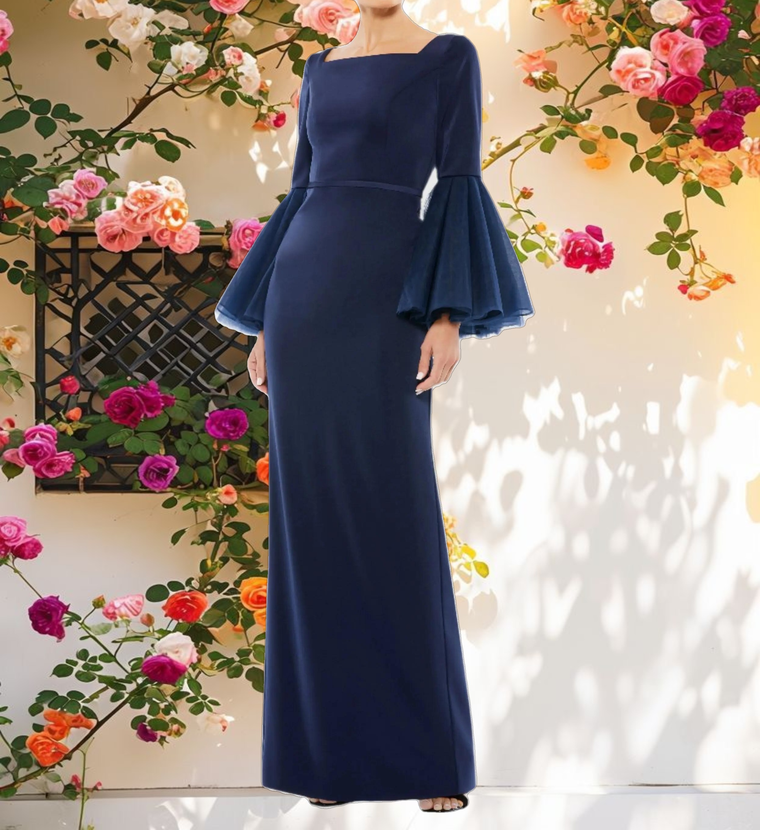 Blue Flounce Sleeve Square Neck Dress