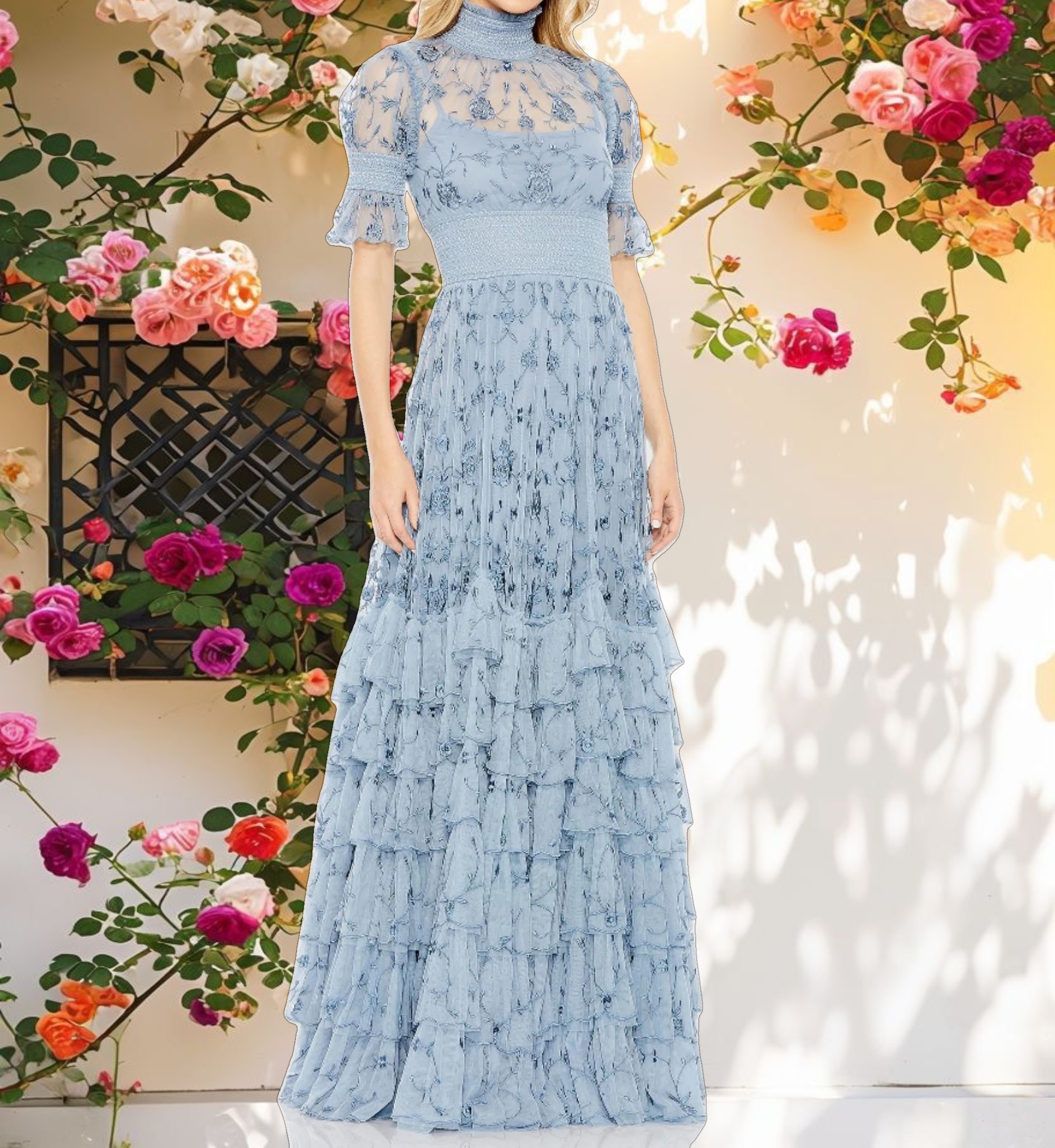 Blue Embroidered Floral Tiered Smock Neck Gown