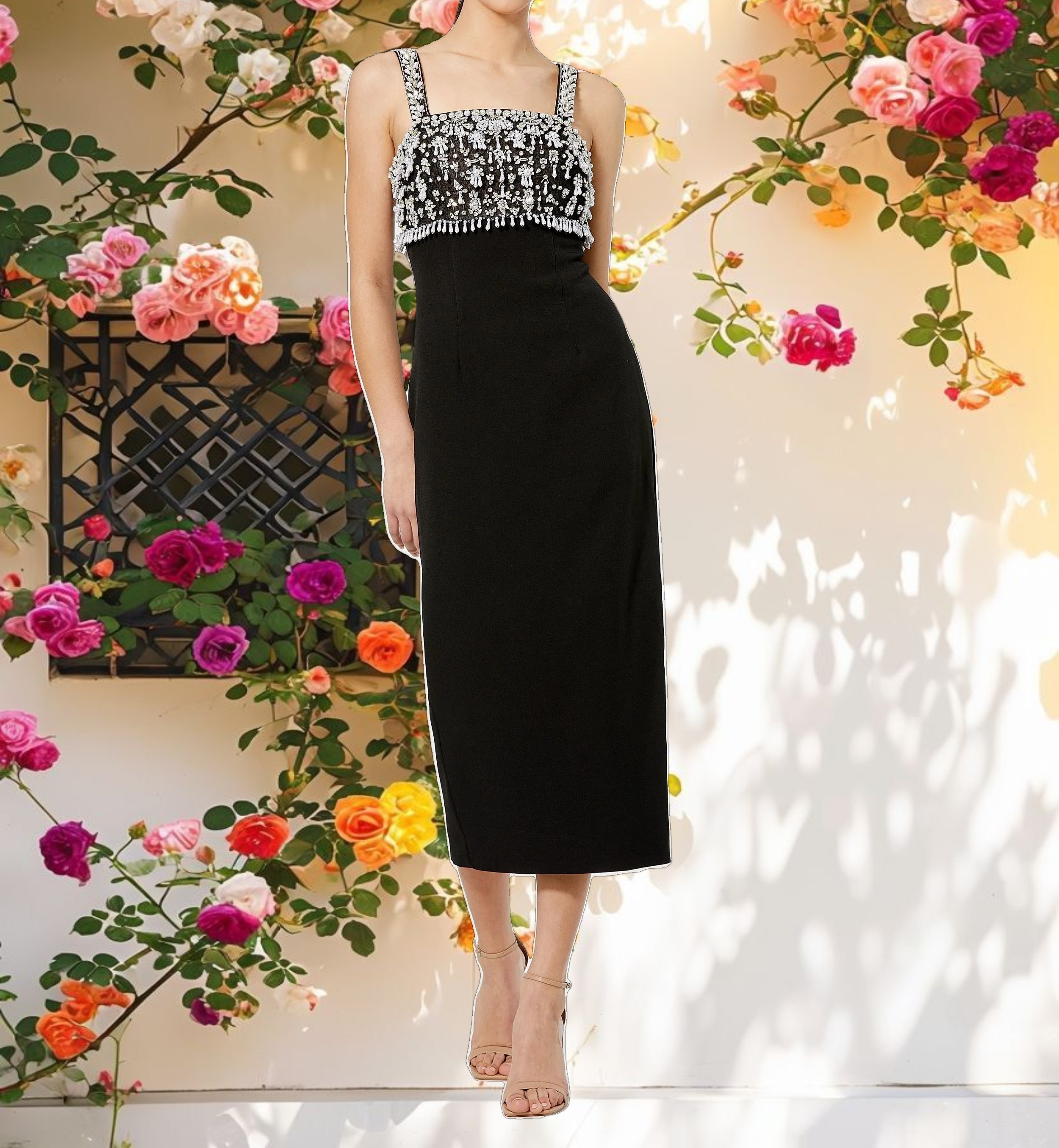 Black Wide Strap Embellished Top Midi Dress